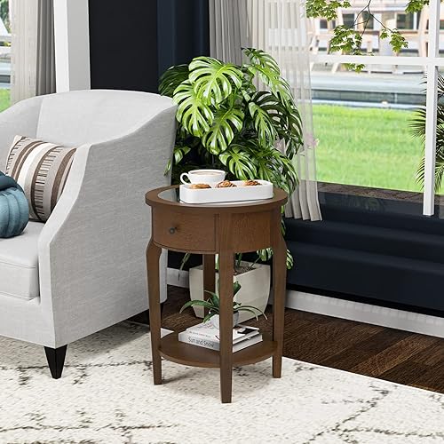 Miniatura 2 de HOMPUS Royal - Juego de 2 mesas auxiliares con espejo, mesa auxiliar de madera Nobel de 2 piezas con estante de almacenamiento, mesita de noche