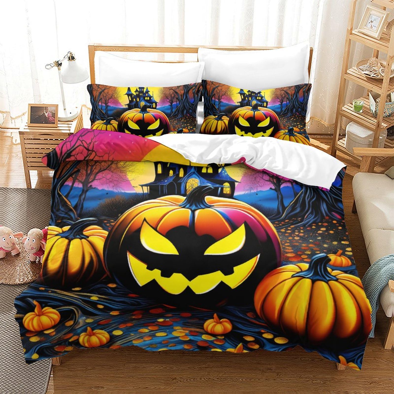 Housse de couette Halloween citrouille 3D King 220x240cm en microfibre avec fermeture éclair