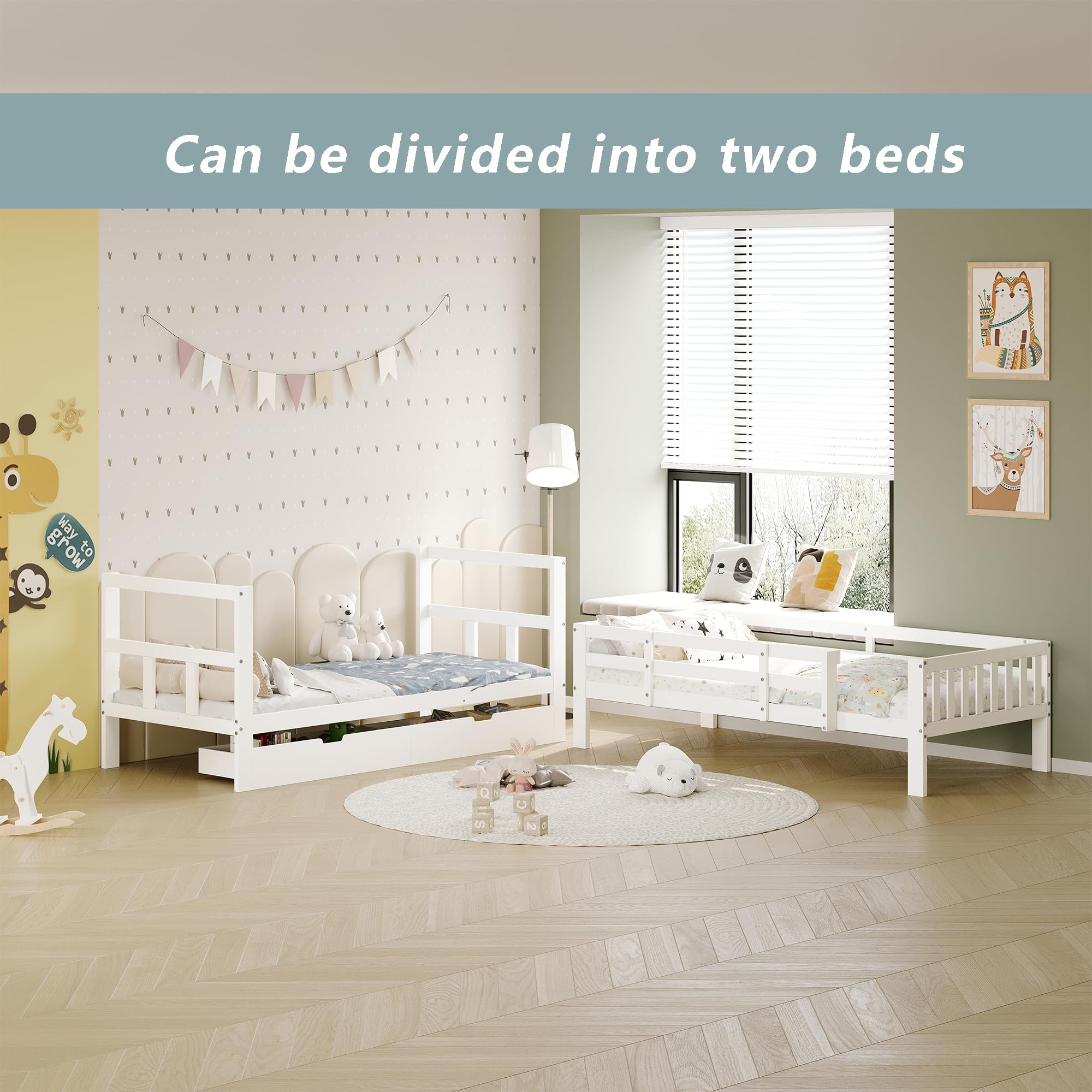 Hochbett Kinder 90x200, Etagenbett Kinderbett, Hochbett Stockbett mit Rausfallschutz und 2 Schubladen, Funktionsbett Jugendbett mit Lattenrost, umbaubar in Zwei Kinderbetten