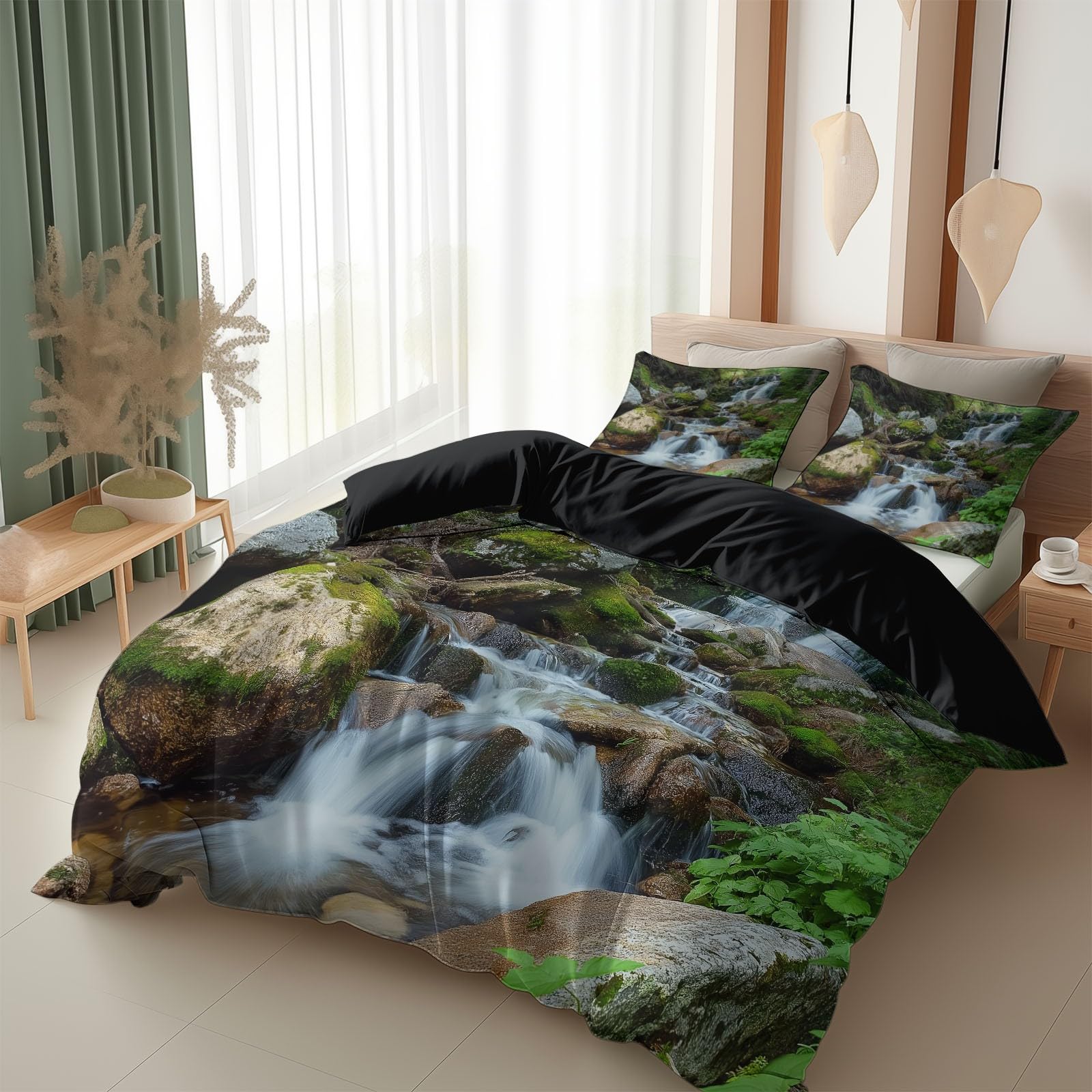 Pościel 3D, letni krajobraz górski, komplet pościeli 200 x 200 cm + poszewka na poduszkę 80 x 80 cm, czarna, z mikrofibry, dwustronna, 3-częściowy, z zamkiem błyskawicznym