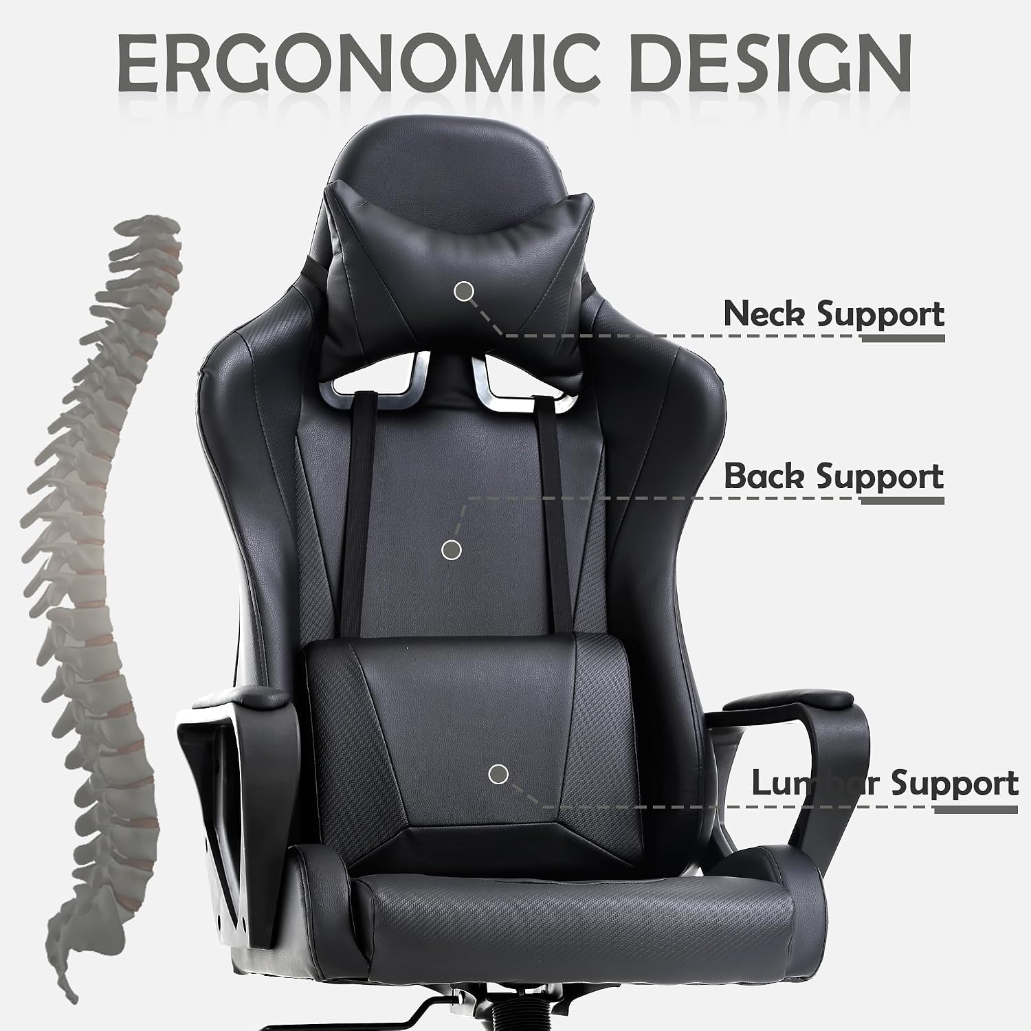 Black Gaming Chair - High Back Ergonomic Office & PC Gaming Chair with Wheels, Reclining & Adjustable Headrest & Lumbar Support