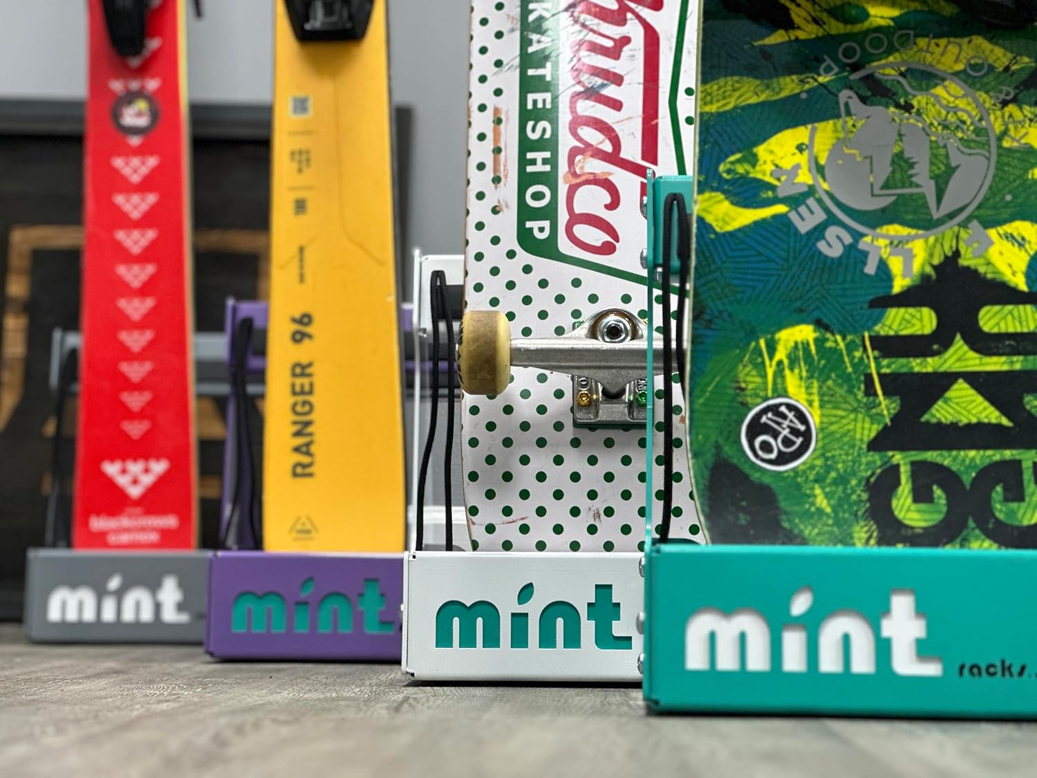 Stoke Stand Free-Standing Ski, Snoboard, Skateboard, Longboard Floor Rack (Mint/White Logo, Standard)