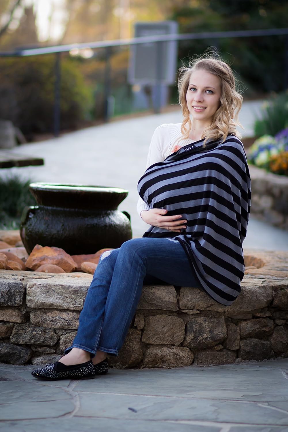 JLIKA Baby Car Seat Covers - Stretchy Infant Canopy and Nursing Cover for Breastfeeding Newborns Infants Babies Girls Boys Best Shower Gift Maternity Apron Infinity Scarf carseats (Black/Gray Stripe)