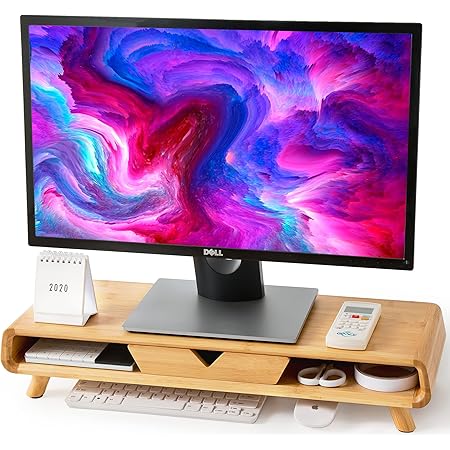 Homerays Bambus Monitorständer Holz Keine Montage Erforderlich Monitorständer Mit Schublade Exquisit Bildschirmerhöhung Schreibtisch (Bambus)