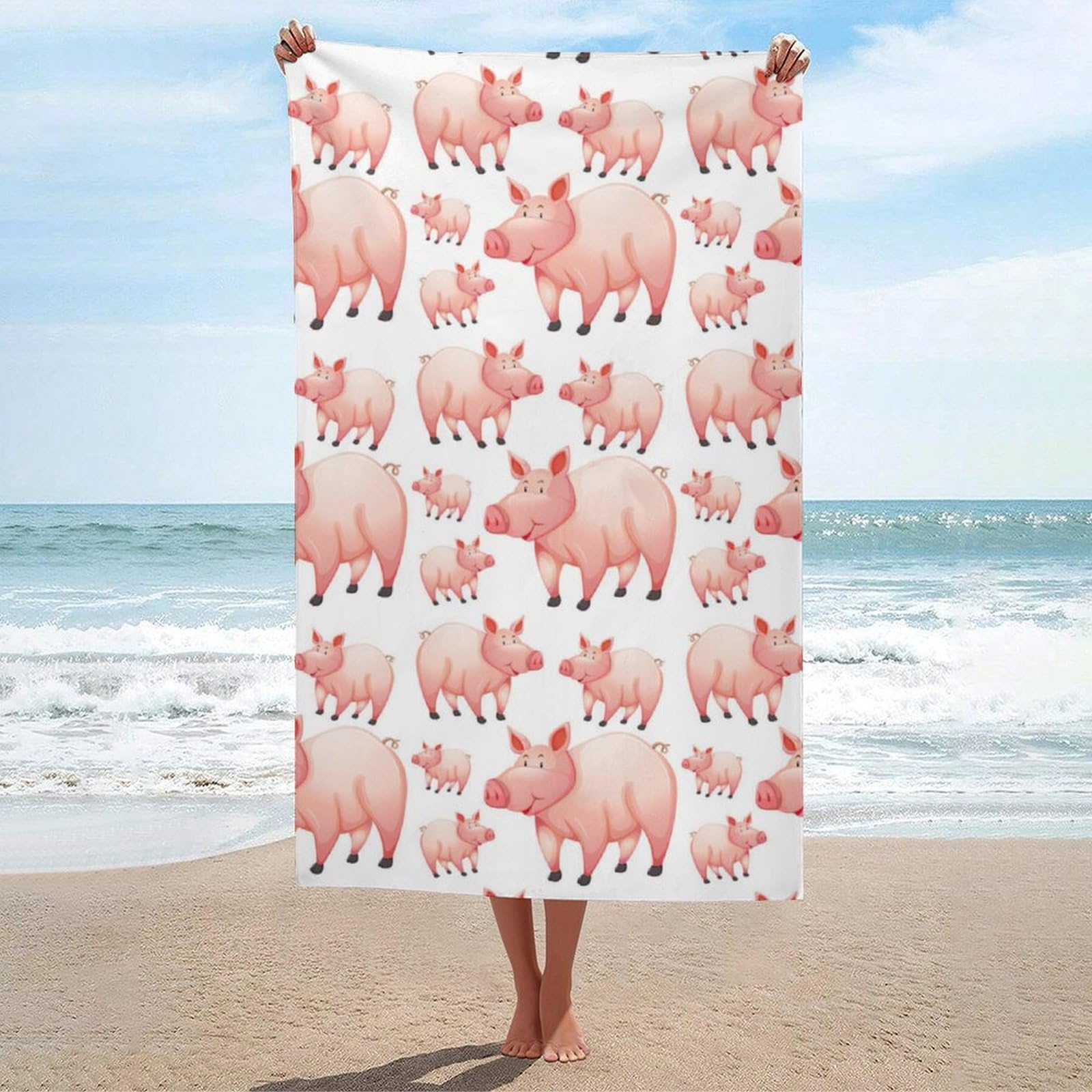 LEDFCVSU Beach Towel, Pink Cartoon Farm Pig Bath Towel, Absorbent Towel for Swimming, Sports, Travel
