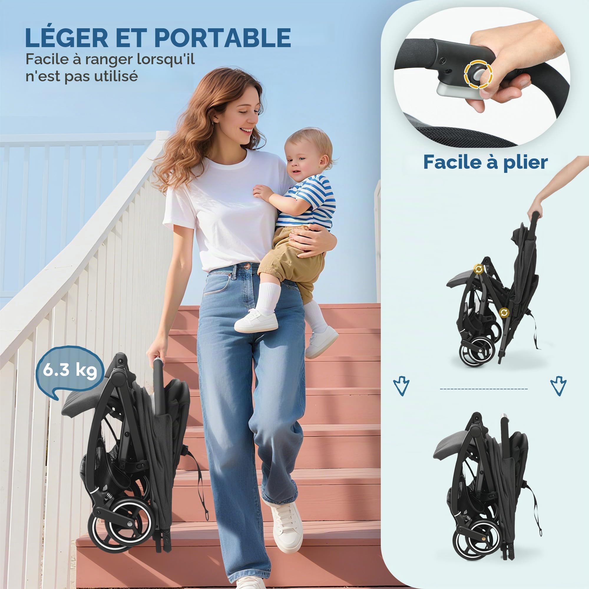 AIYAPLAY Poussette légère 6,3 kg pliable d'une main Gris | 0-3 ans, inclinaison compacte, repose-pieds réglable, auvent, roues, panier de rangement, jusqu'à 15 kg