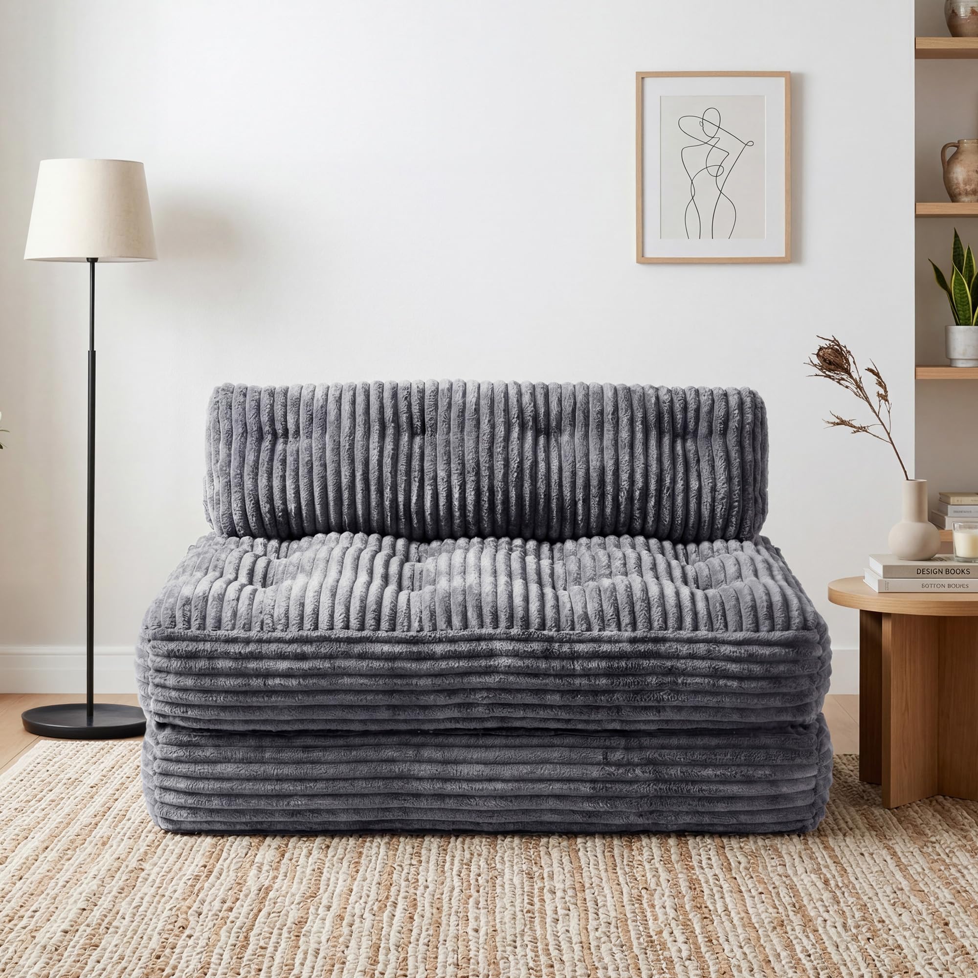 Claiks Double Sofa Bed with Pillow, Foldable Corduroy Floor Sofa, Grey