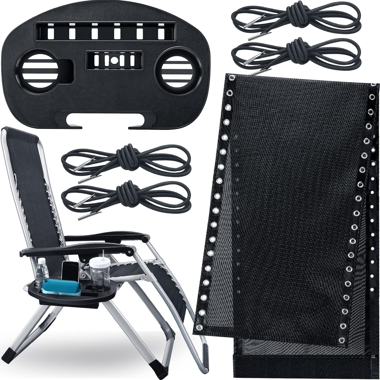 Juego de 6 sillas de gravedad, tela de silla de gravedad, bandeja para silla de gravedad, bandejas de cuerda elástica de repuesto para llevar teléfono celular, aperitivos, agua, malla