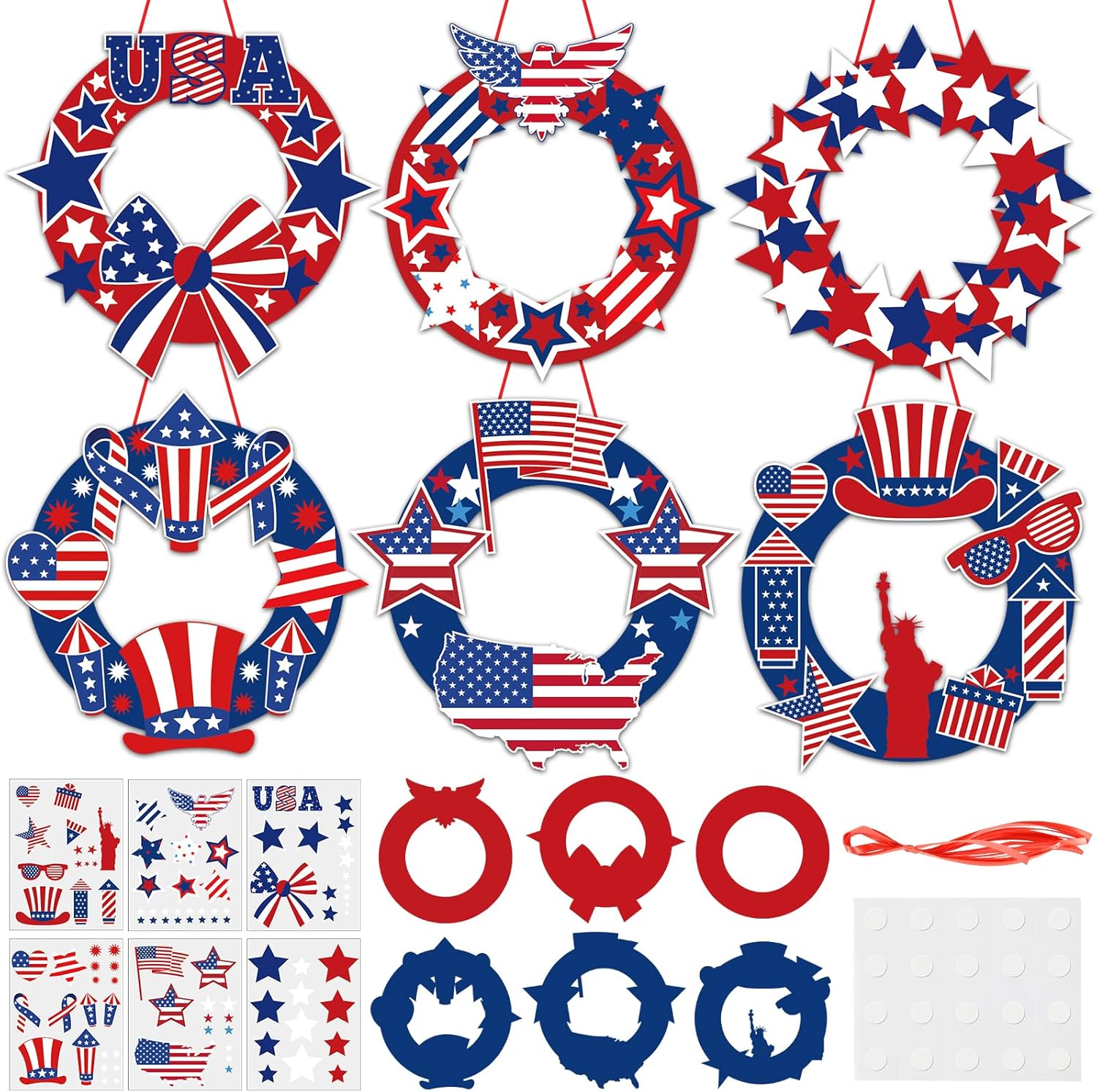 QOUBAI 36 Set Patriotic Wreath Craft Kit for DIY 4th of July Paper Crafts American Flag Stickers Hanging Ornament for Memorial Independence Day Art Activity Home Decor Supplies