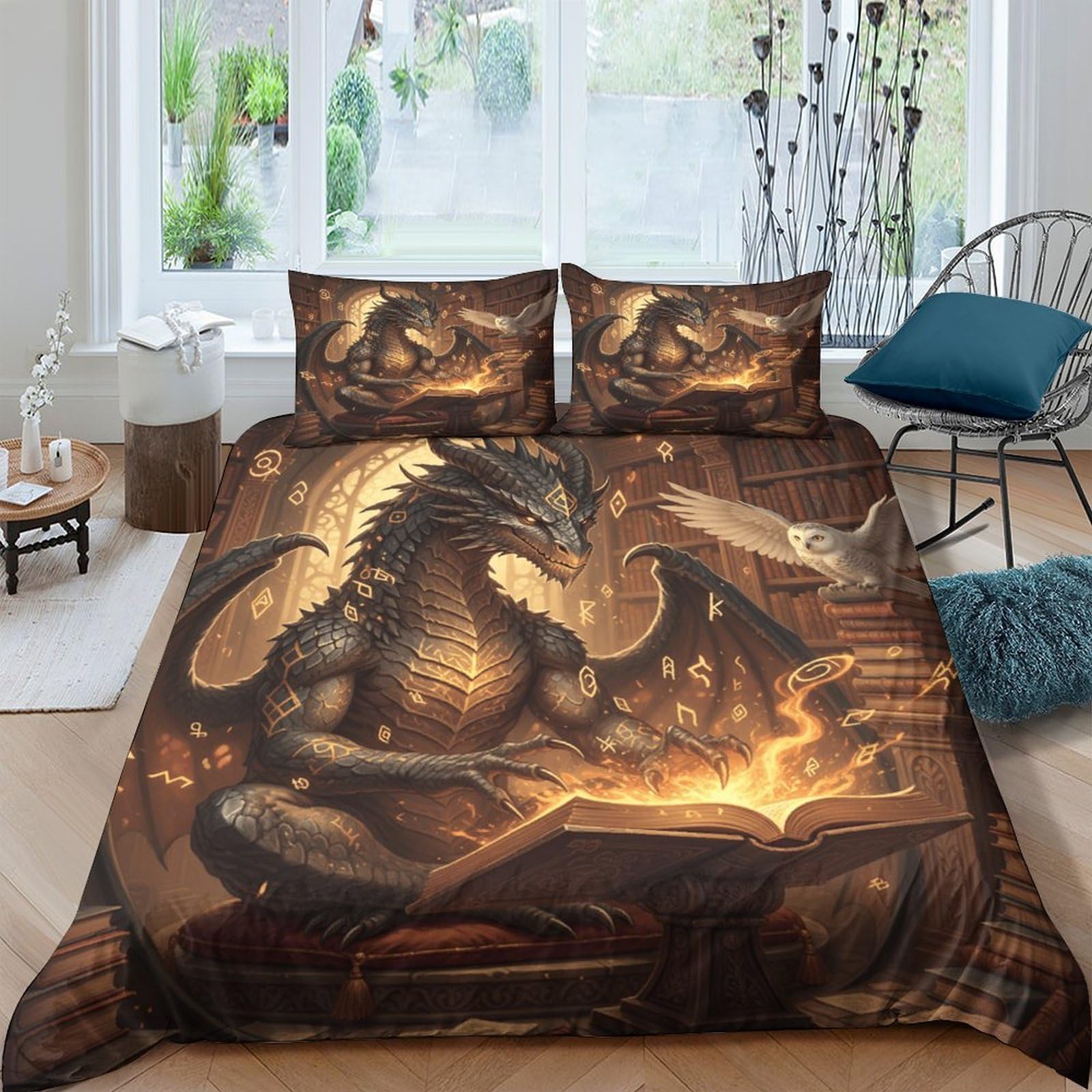 XFKLYNVCJ 3D Printed Dragon reading Comforter Cover Breathable Fabric Fantasy magical scene Duvet Cover Hypoallergenic Shrink Resistant for University Dorm Student Bedroom Use Single（140x200cm）