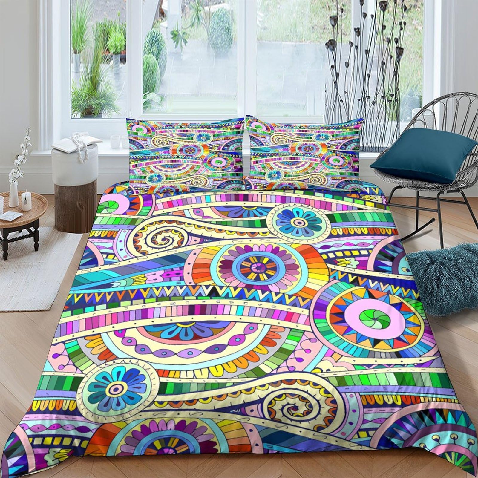 Ctjqhvkz Style-2 3D Printed Mosaic Mandala Fitted Sheet Microfiber Colourful Abstract Spiral Bed Cover For Bedroom Dorm Decor Mattress Protection Single（135X200cm）