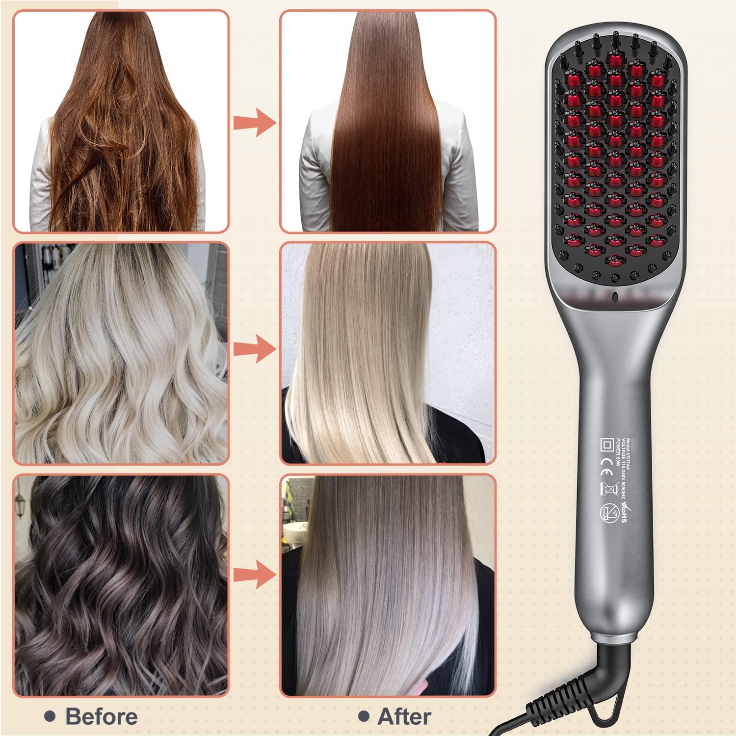 Ionic Hair Straightener Brush,Keasen Hair Straightening Brush Ceramic Hot Brush with 30S Fast Heating,21 Temp Settings 250-450℉,Hair Straightener Comb Anti-Scald,Auto-Off Safe,110V-240V,LED Display : Beauty & Personal Care