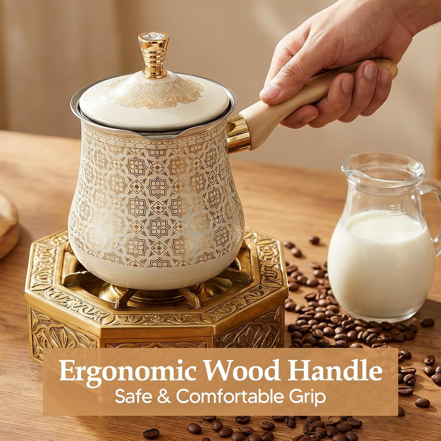 Stainless Steel Turkish Coffee Pot Milk Warmer Multifunctional Long Wooden Handle Butter Melting Pot Kitchen Accessory, Golden Pattern, 550ml