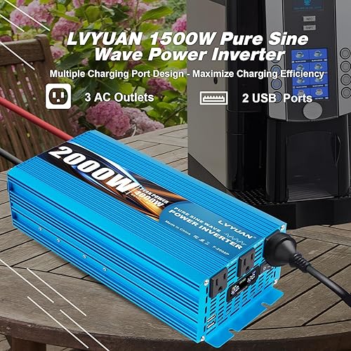 Vista 4 de LVYUAN Inversor de onda sinusoidal pura de 2000 vatios de 12 V a 110 V 120 V CC a CA con pantalla LCD, 3 salidas de EE. UU., puertos de cargador