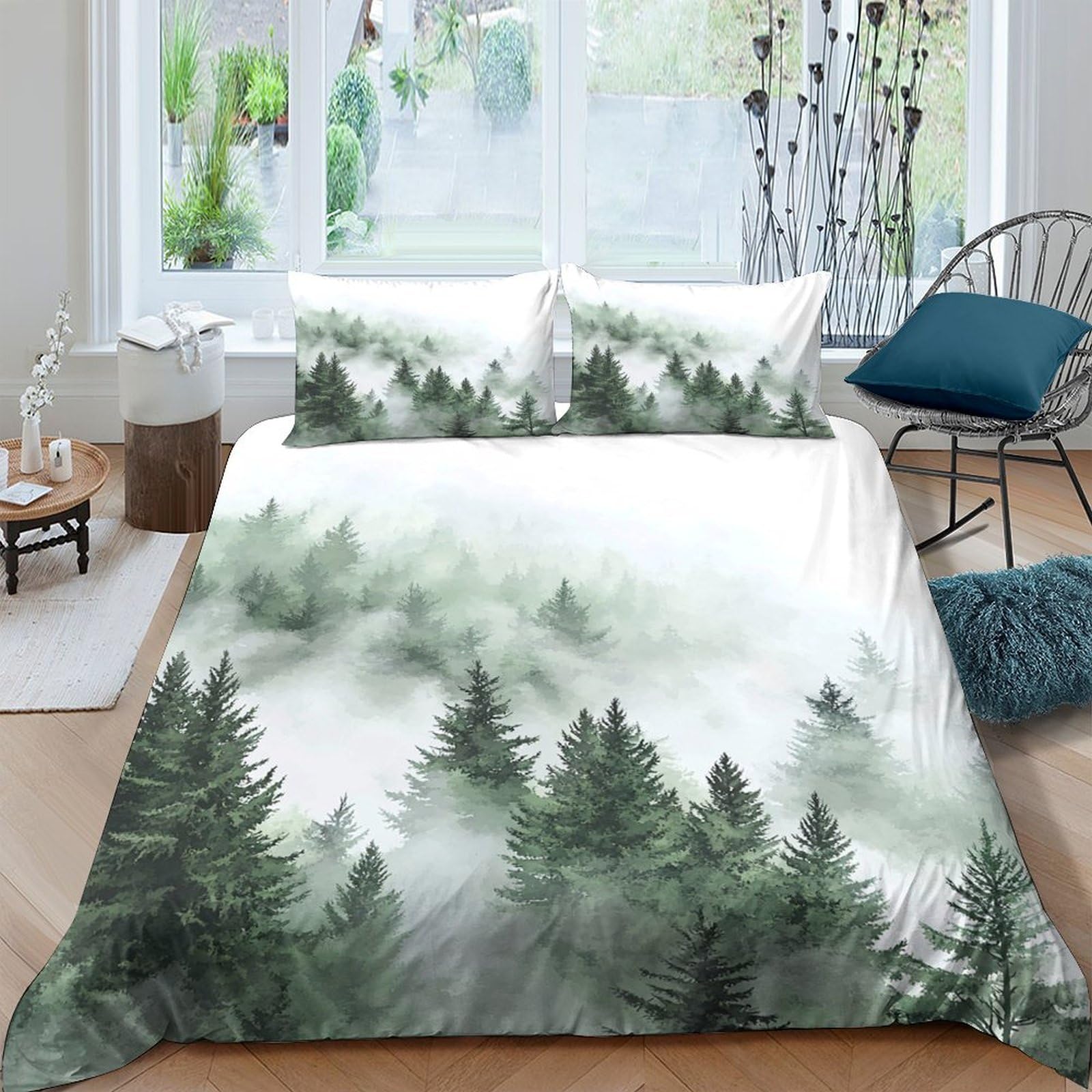 Ctjqhvkz Style-1 3D Printed Foggy Forest Fitted Sheet Microfiber Soft Green Pine Trees Mattress Cover For Bedroom Guest Room Decor Single（135X200cm）