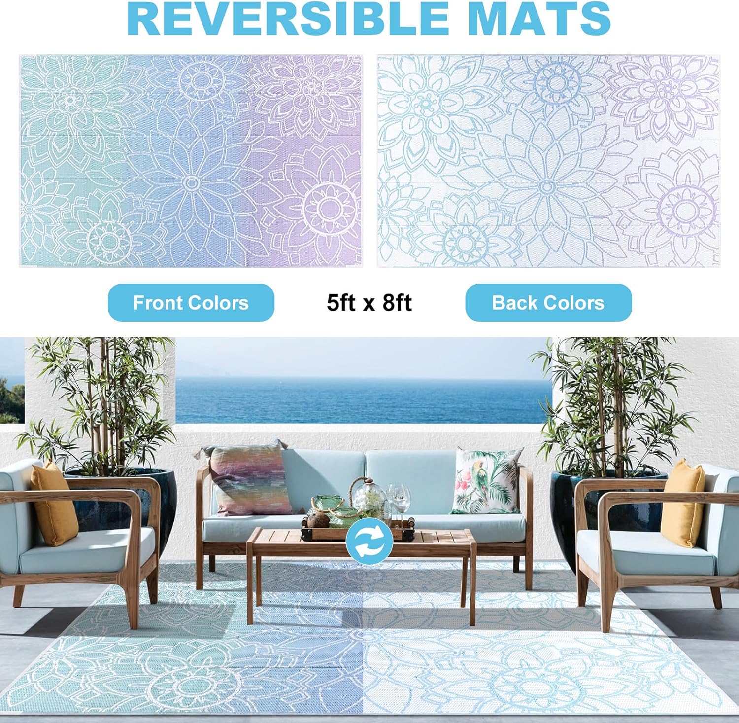 LOKHOM Outdoor Rug for Patio 5x8 ft Reversible Plastic Straw Patio Camping Rug, Floral Waterproof RV Mat for Camper Indoor Outdoor Carpet for Deck Porch Picnic Beach Balcony Backyard, Blue-Purple