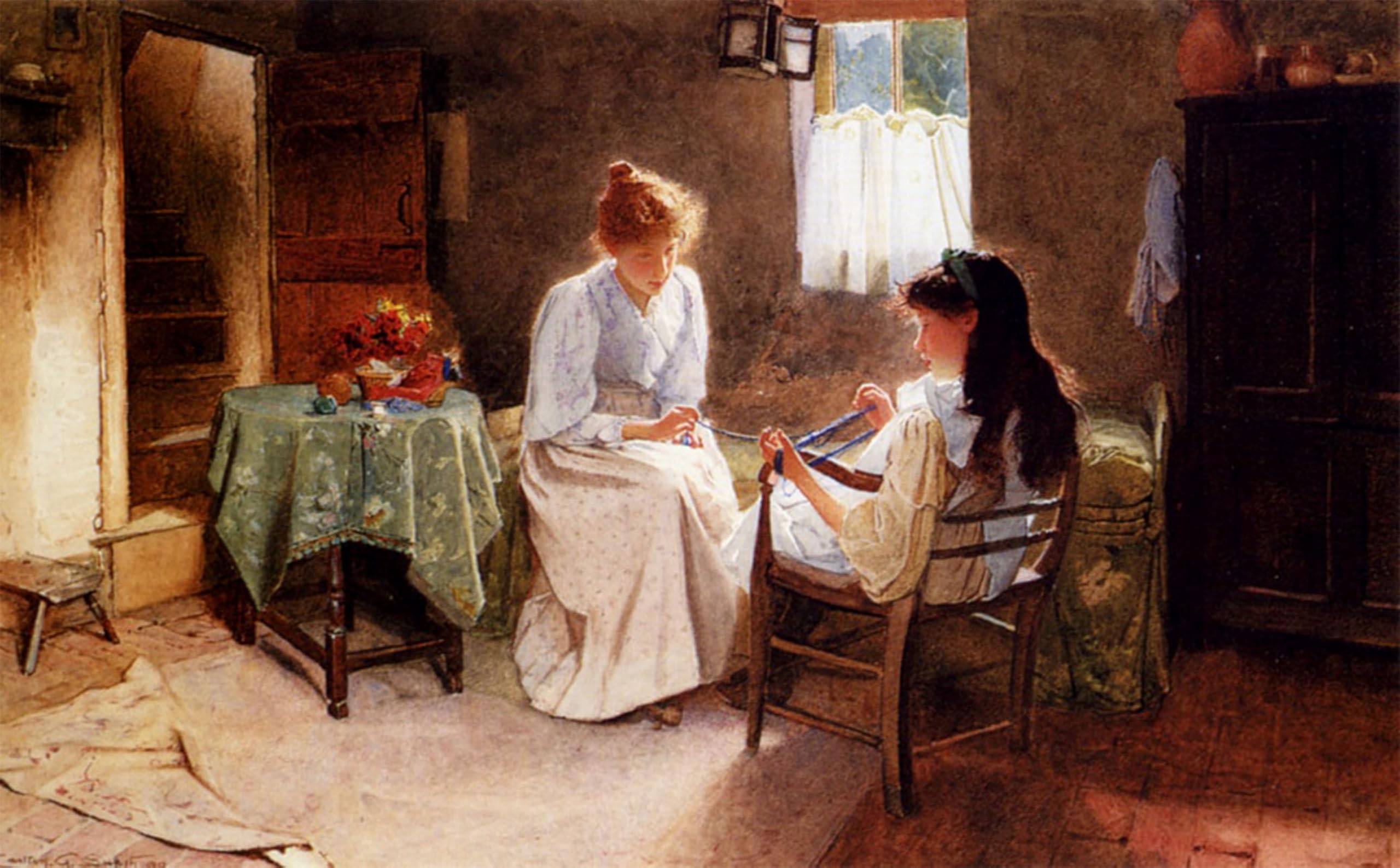 SERENDIPITP Vintage Wall Art Canvas Nordic Poster Canvas Print Picture Two Girls In An Interior Winding A Skein of Wool Carlton Wall Art Poster for Home Decor 60x90cm