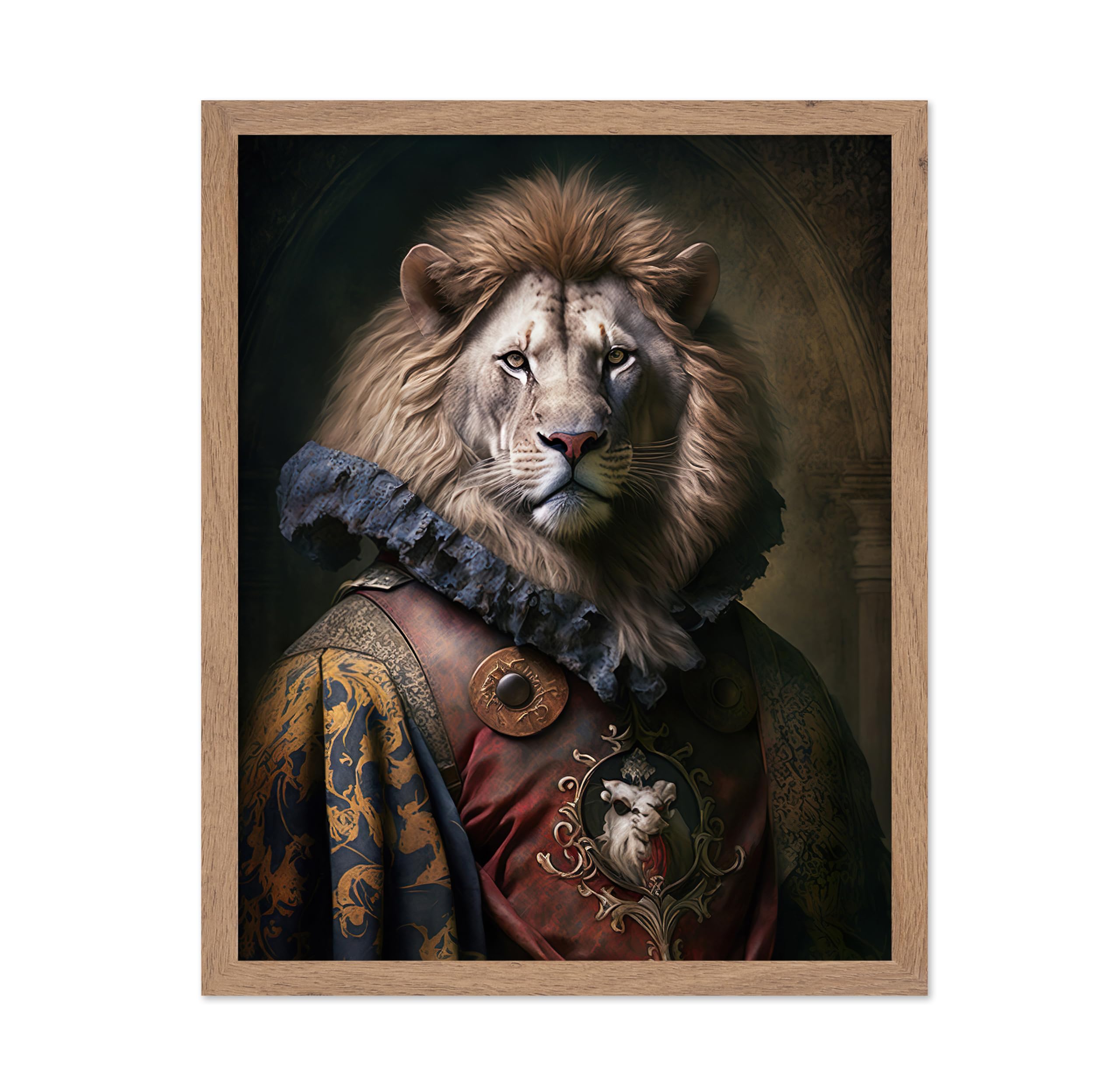 Poster Master Renaissance Animal Poster - Retro Funny Print - Gift for Artist, Friend - Aristocratic Lion, Renaissance, Formal Attire, Portrait - Wall Decor for Home, Kitchen, 8x10 Beige Framed