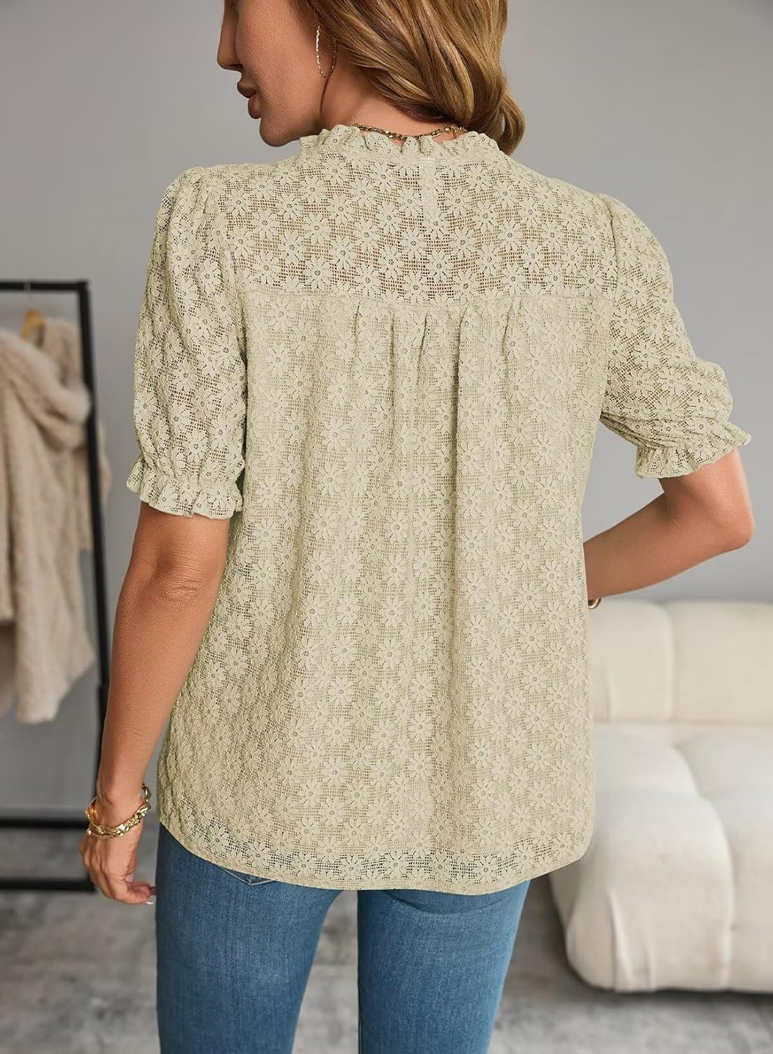 Tops For Women 2025 Boho Floral Short Puff Sleeve Shirts Summer Flowy V Neck Casual Lace Blouses - Image 2