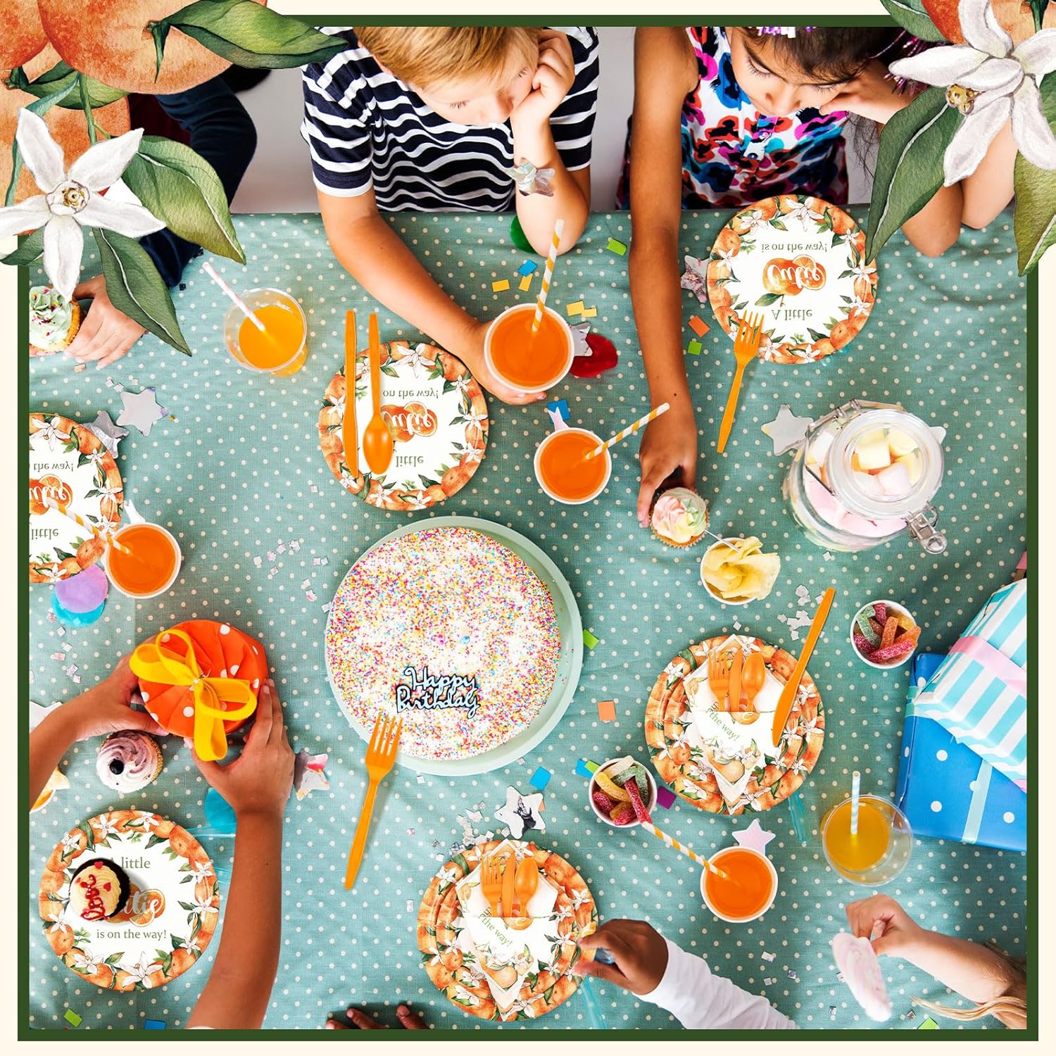 Tanlade 193 Pcs Little Cutie Party Tableware Watercolor Fruit Orange Decoration a Little Cutie Is on the Way Supplies Including Plates Cups Napkin Straws Knives Forks Spoons Banner for 24 Guests
