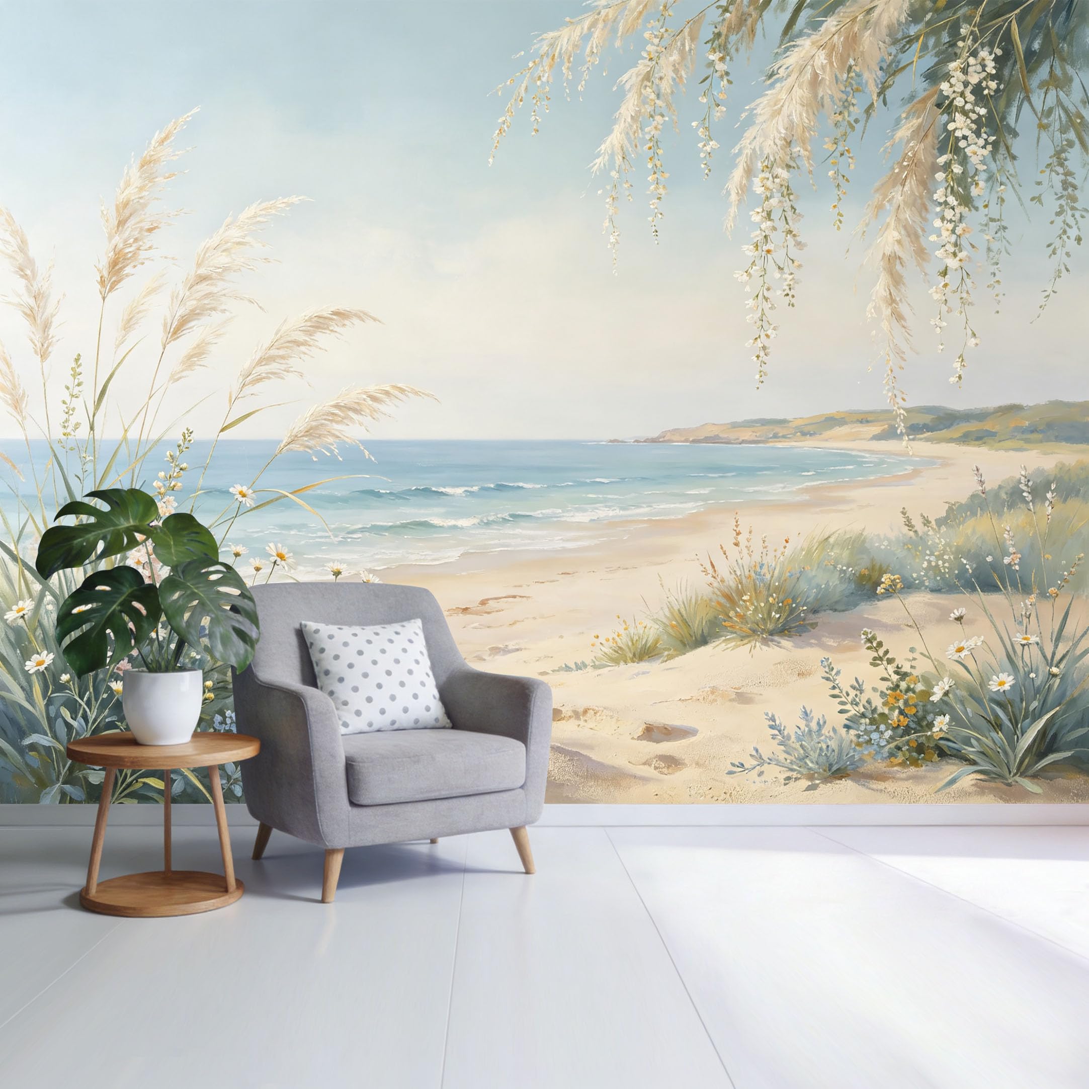 Custom Size Wall Mural Coastal Beach Landscape with Sea Waves Dunes and Wildflowers Watercolor Style SelfAdhesive Wall Fabric Removable Wallpaper for Home Office Decor