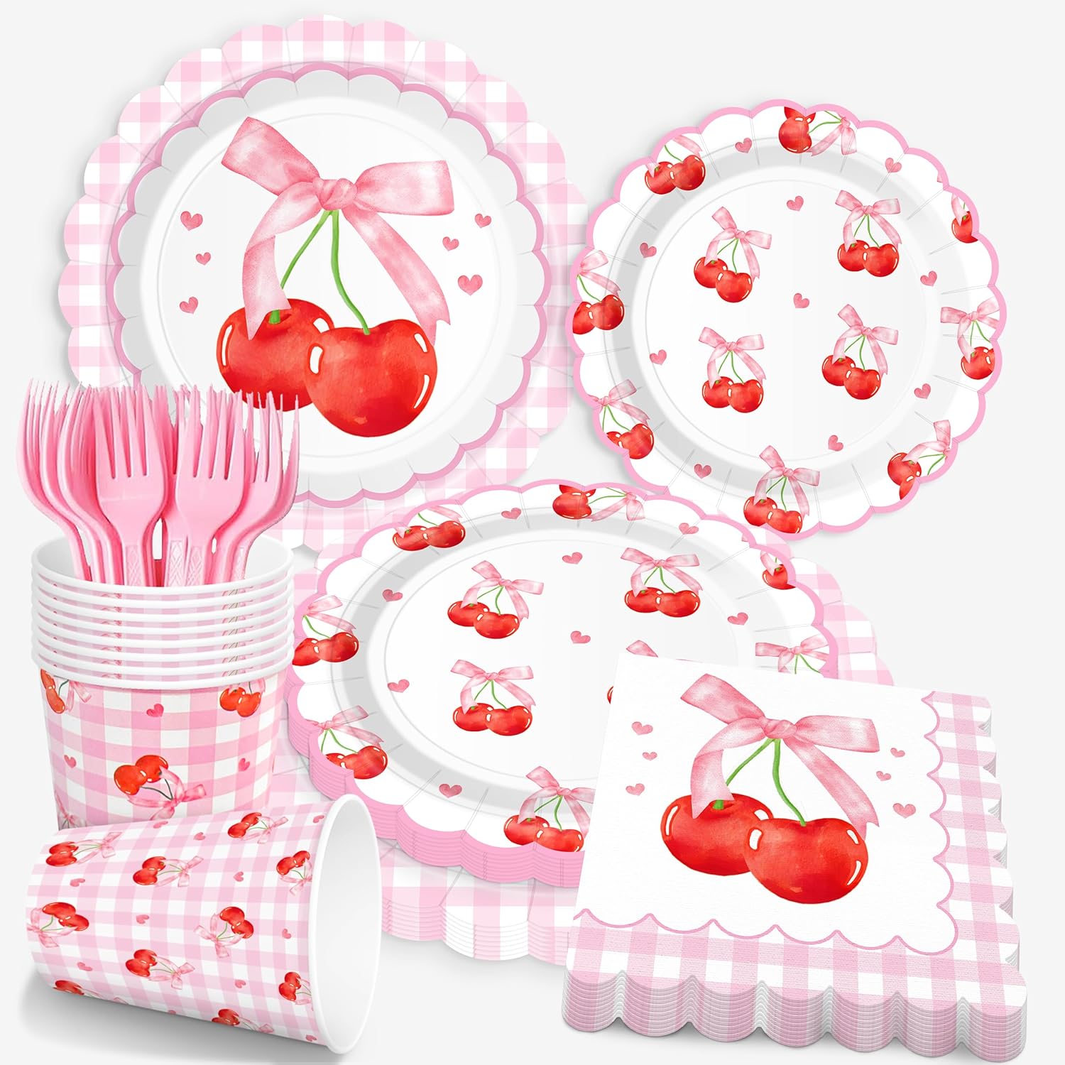 250 PCS Cherry Party Supplies, Service for 50, Cherry Birthday Party Decorations Decor Tableware Set Includes Plates, Napkins, Cups and Forks for Baby Shower Birthday