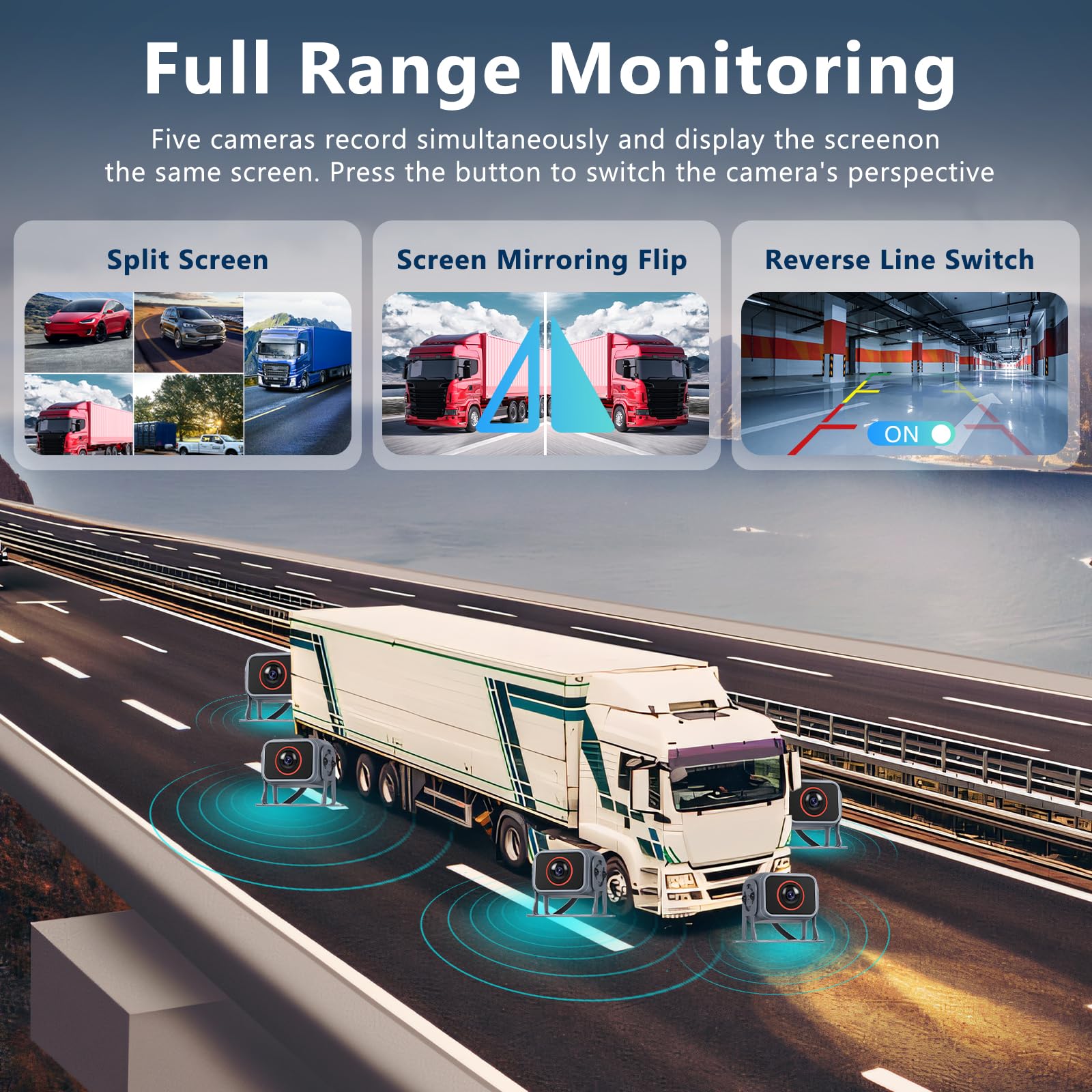 Hodozzy Rückfahrkamera 5 Kameras Set 10,1 Zoll IPS HD Monitor 5 Geteilte Rück und Vorder Kamera Weitwinkel, Wasserdicht Nachtsicht, Auto Kabel Rückfahrsystem 12V-36V für LKW/Wohnmobile/Anhänger