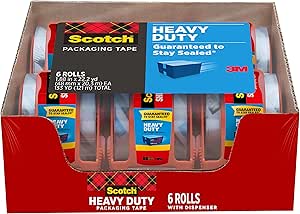 Scotch Heavy Duty Packaging Tape, 1.88" x 22.2 yd, Designed for Packing, Shipping and Mailing, Strong Seal on All Box Types, 1.5" Core, Clear, 6 Rolls with Dispenser (142-6)