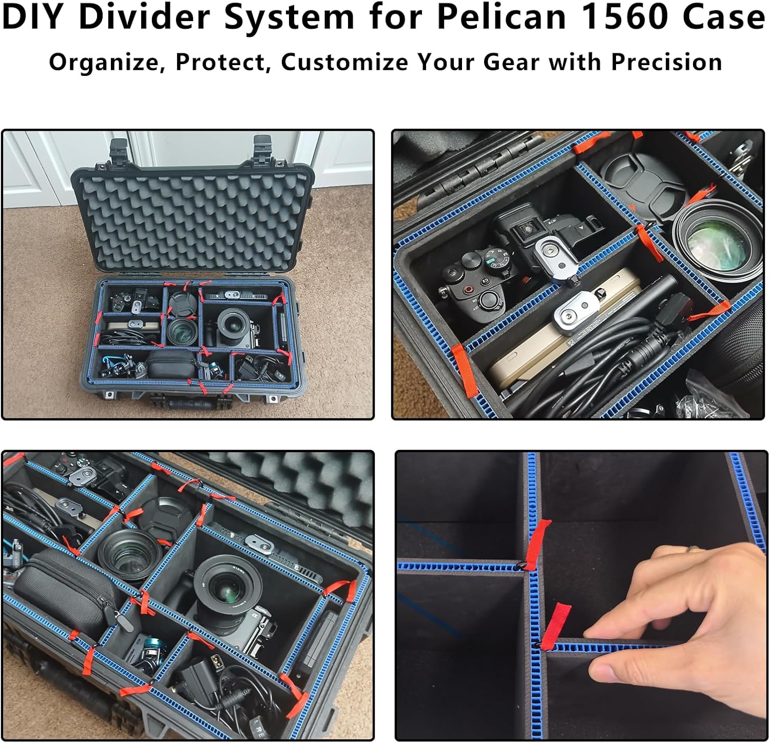 LAFENLIN DIY Divider System for Pelican 1560 Case [No Mess, Secure Gear] - Custom U-Clip Organizer for Photographers, Tactical & Field Tool Kits, Red Pull Tabs, Case Not Included
