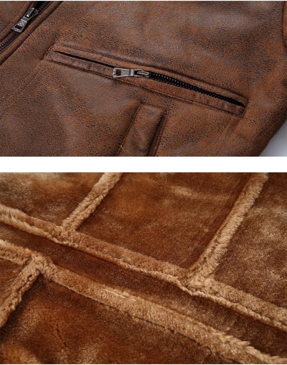 HOOD CREW Men’s Faux Fur Leather Jacket Autumn Winter Fleece Lined Coat Vintage Bomber Jacket - Image 7