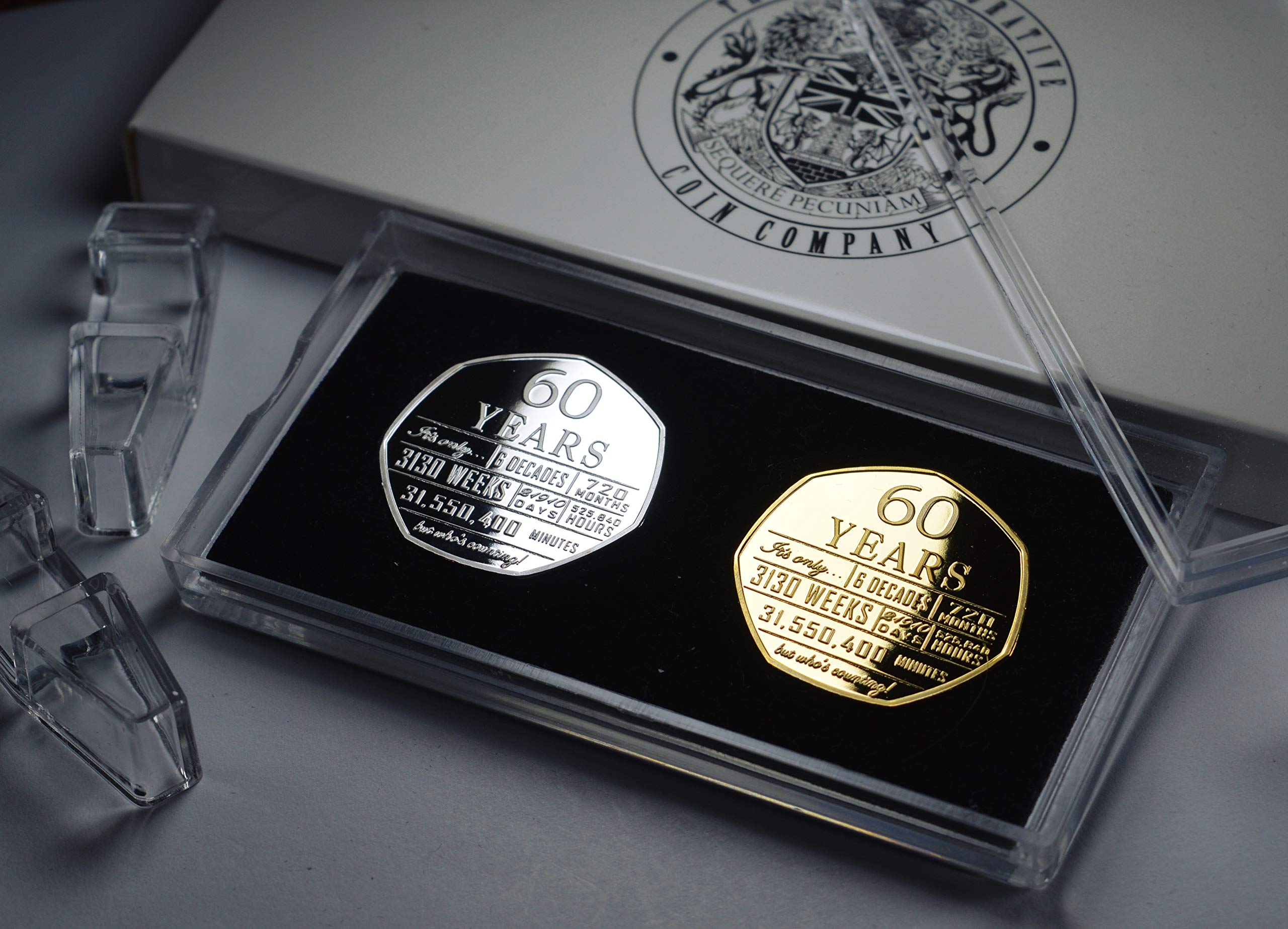 The Commemorative Coin Company Pair of 60th Birthday .999 Silver & 24ct Gold Commemoratives. Display Case and Gift/Presentation Box Unique. Gift/Present. 60 Sixty Years Sixtieth