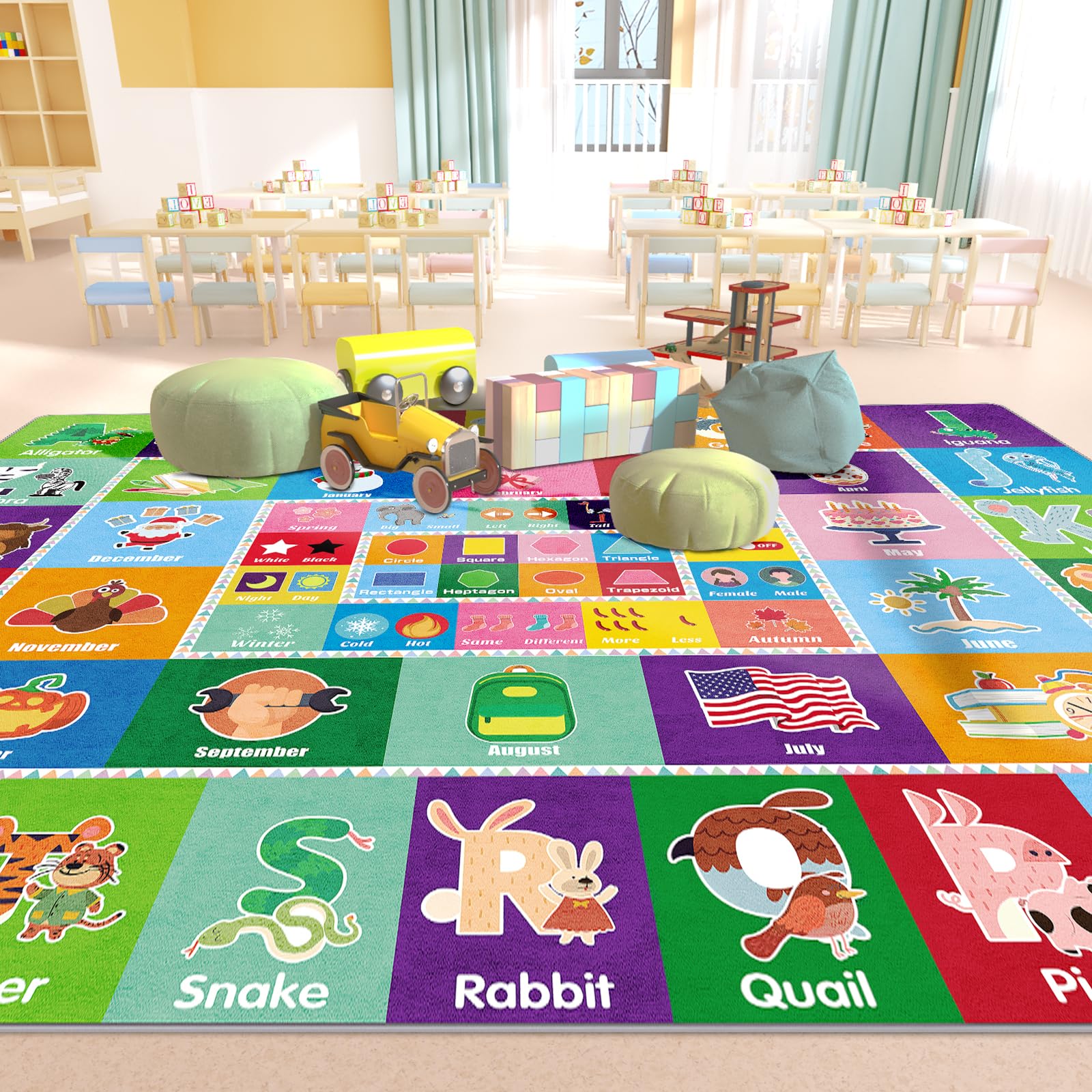 Tapis de jeu avec design antidérapant Collection ABC, forme, saison, mois, opposé et tapis éducatif pour chambre à coucher, salle de jeux (200 x 150 cm)