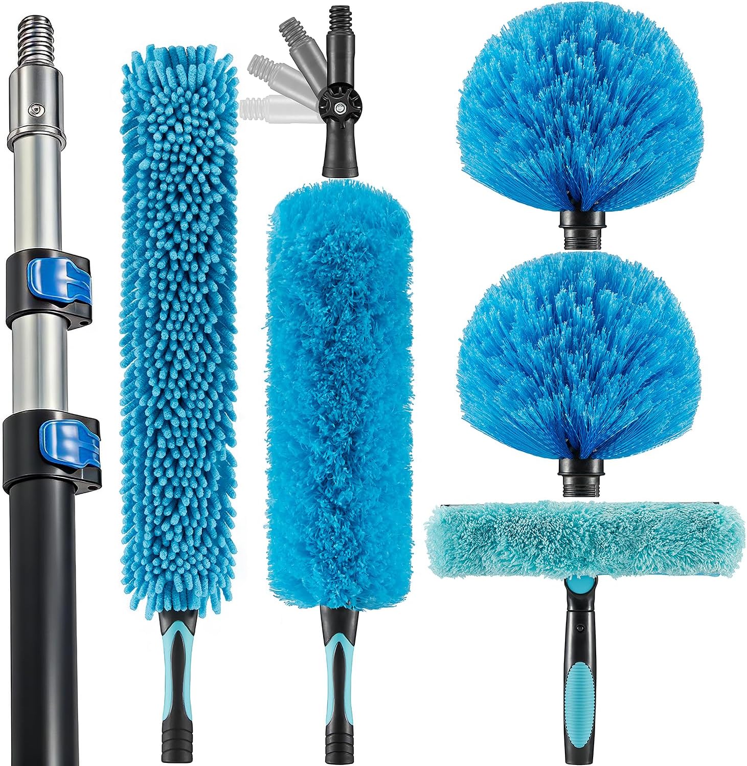 20 Foot High Ceiling Fan Duster with 5-12 Foot Extension Pole, Extendable Reusable Cobweb, Feather, window cleaning squeegee Kit Blue
