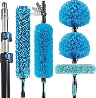 20 Foot High Ceiling Fan Duster with 5-12ft Extension Pole, Extendable Reusable Cobweb, Feather, Window Cleaning Squeegee Kit