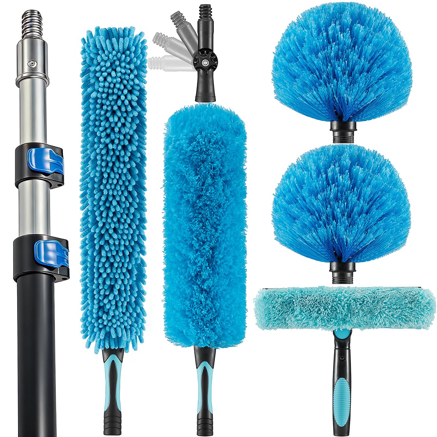 20 Foot High Ceiling Fan Duster with 5-12ft Extension Pole, Extendable Reusable Cobweb, Feather, Window Cleaning Squeegee Kit