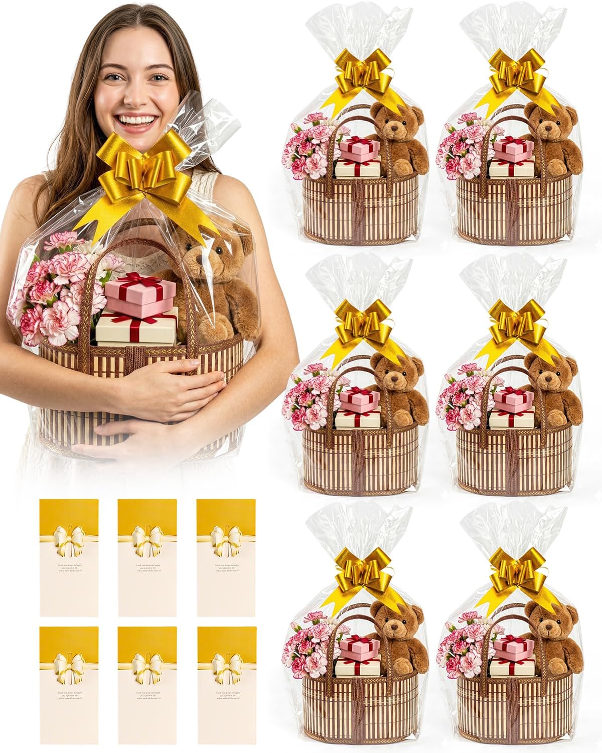 6 Set Baskets for Gifts Empty, Large Woven Bamboo Basket with Handle, Includes 6 Gold Bows, 6 Clear Bags & 6 Greeting Cards, Perfect for Baby Baptisms, Mother's Day, Weddings & Birthdays
