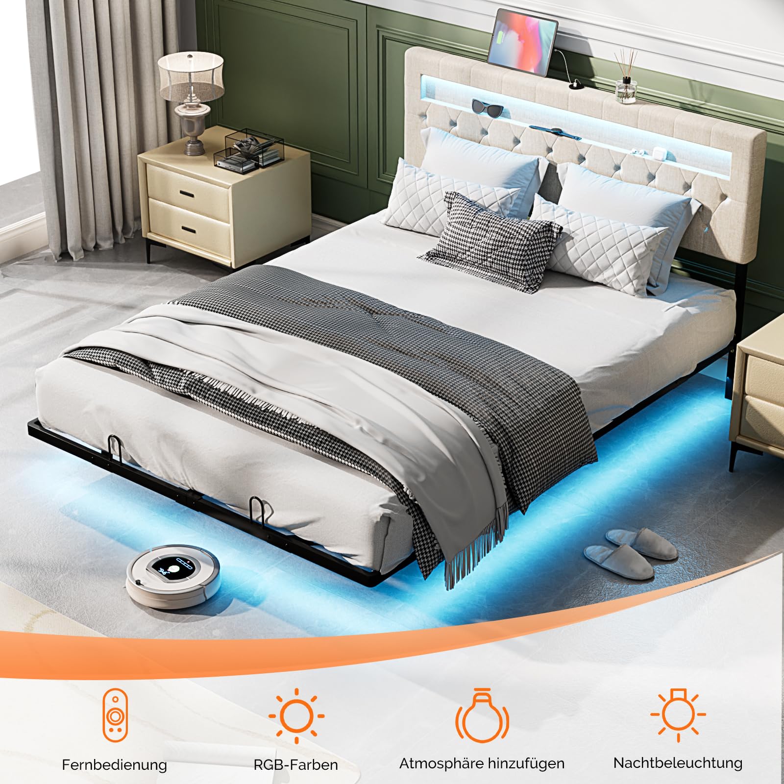 Bonnlo Struttura Letto Matrimoniale con LED e Ricarica, Letto Matrimoniale con Rete Doghe, Effetto Lino (senza materasso) (Beige, 160x200cm)