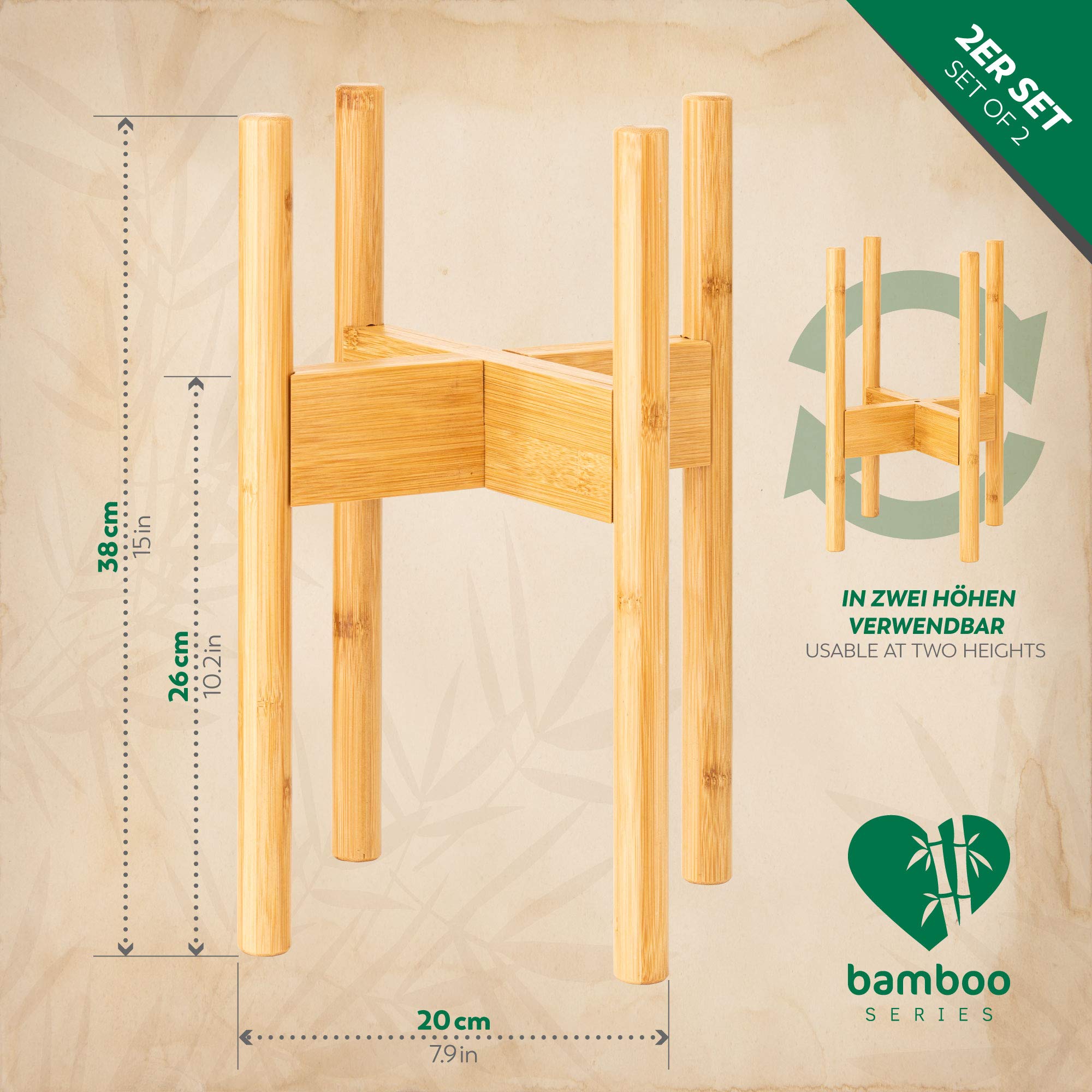 Rubberneck 2er Set Bambus Pflanzenständer - Verstellbare Blumentopfständer aus Bambusholz für den Innen- und Außenbereich - Beige | Blumentopfständer, 38 cm Höhe, 2 Höhenstufen per Drehung, Ø bis 30 cm, innen & außen, BPA-frei, Blumenständers, 2 Stück