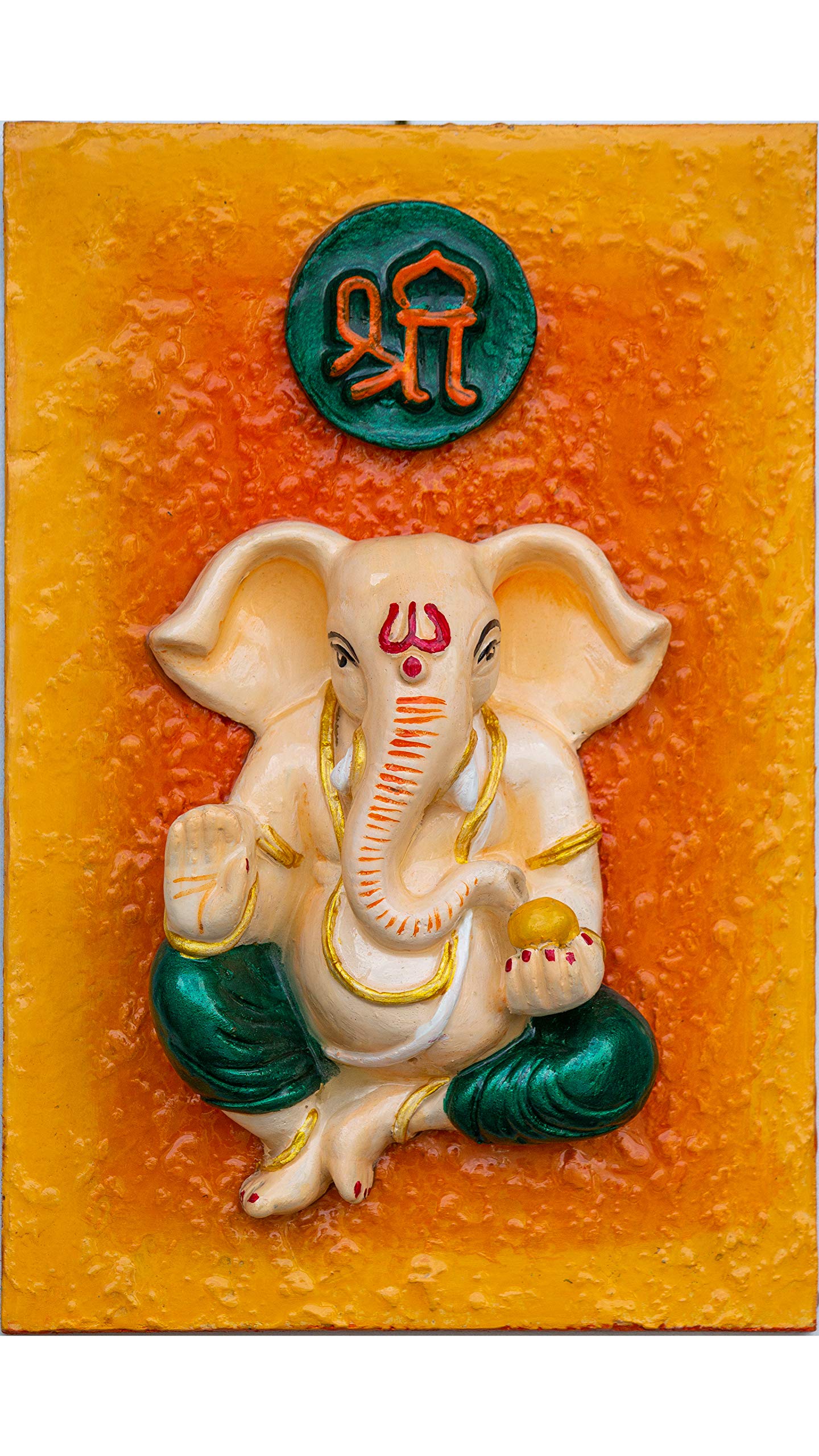 Dev Creation Handmade MDF Orange Lord Ganesha Wall/Door Hanging (15.24 cm x 22.86 cm x 2.54 cm)