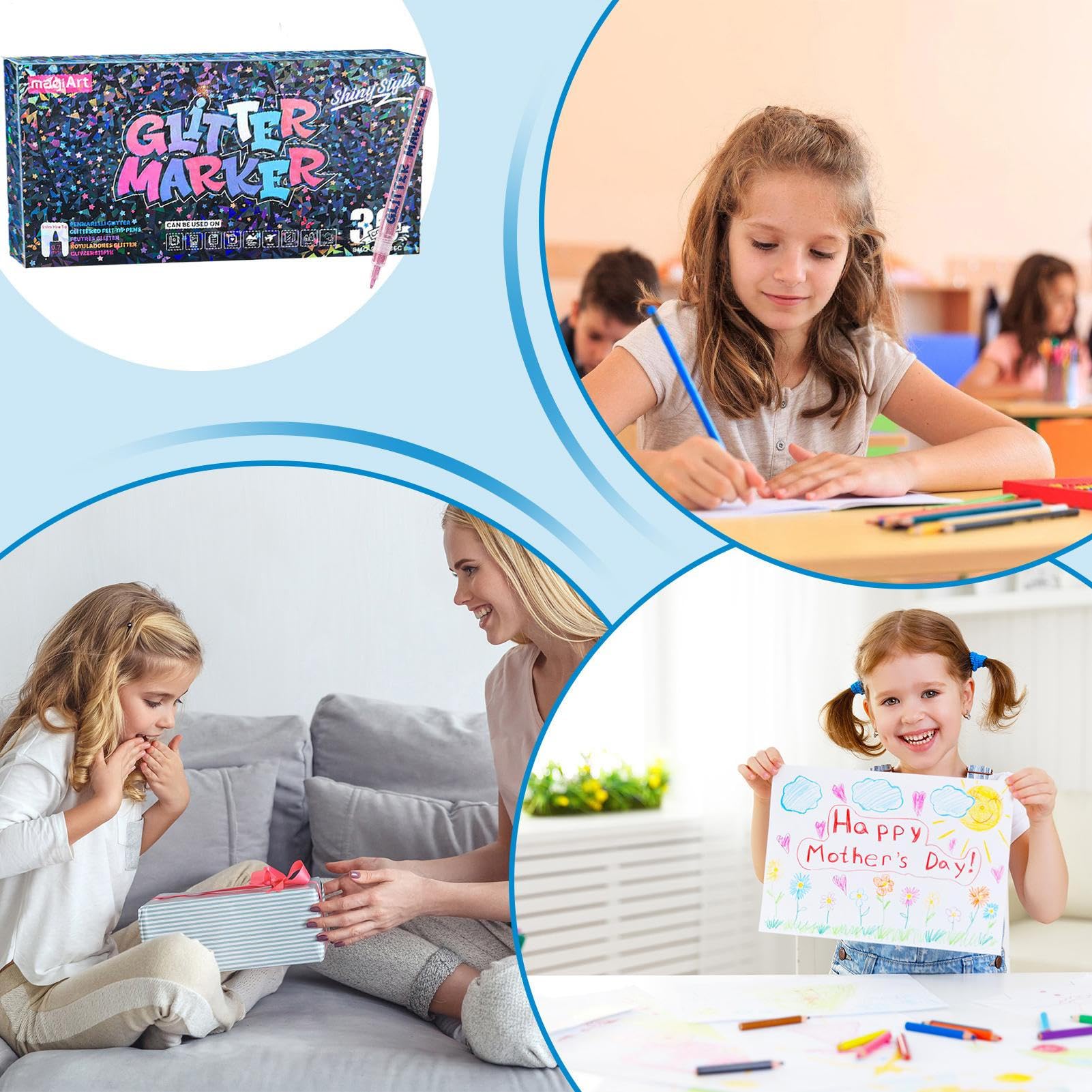 Generisch Pennarelli glitterati per bambini, ad asciugatura rapida e resistenti alle sbavature, penne fai da te, per adolescenti, adulti, studenti, hobbisti, ufficio e scuola, scrapbooking, biglietti