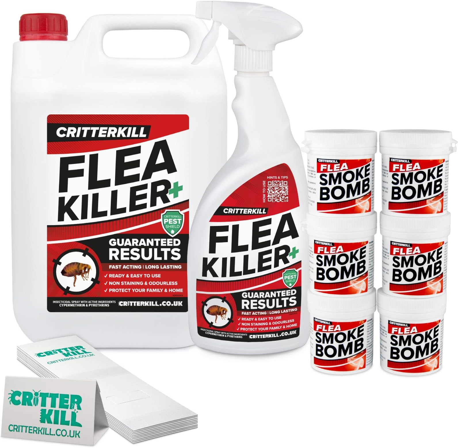 CritterKill Flea Killer Kit - For High Level Home Infestation - Professional Flea Spray + Smoke Bombs + Insect Traps (6L / 6x16g / 9)