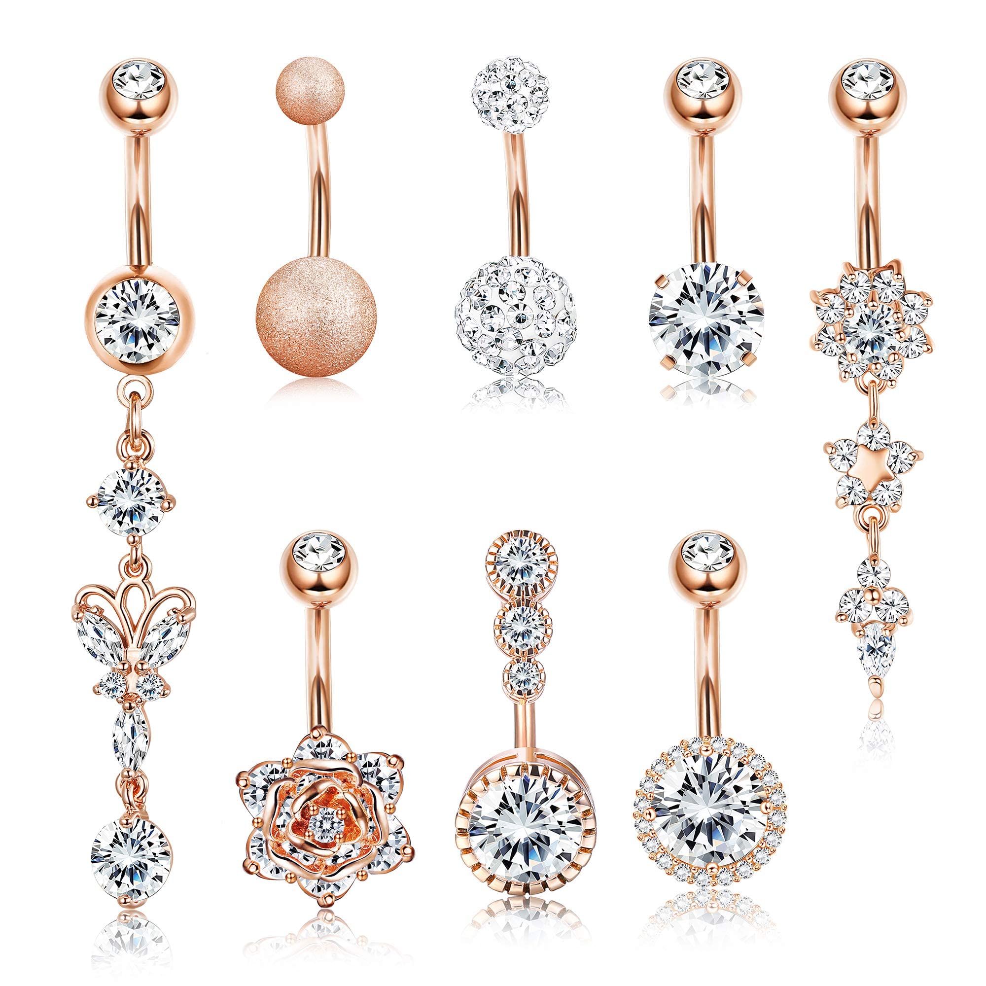Dochais 8 Piezas Piercing Ombligo Oro Rosa, Piercing Ombligo Acero inoxidable, Piercing Ombligo Zircon, Piercing Ombligo Brillante, Piercing Ombligo Colgante para Mujeres Joyería 14G 10mm