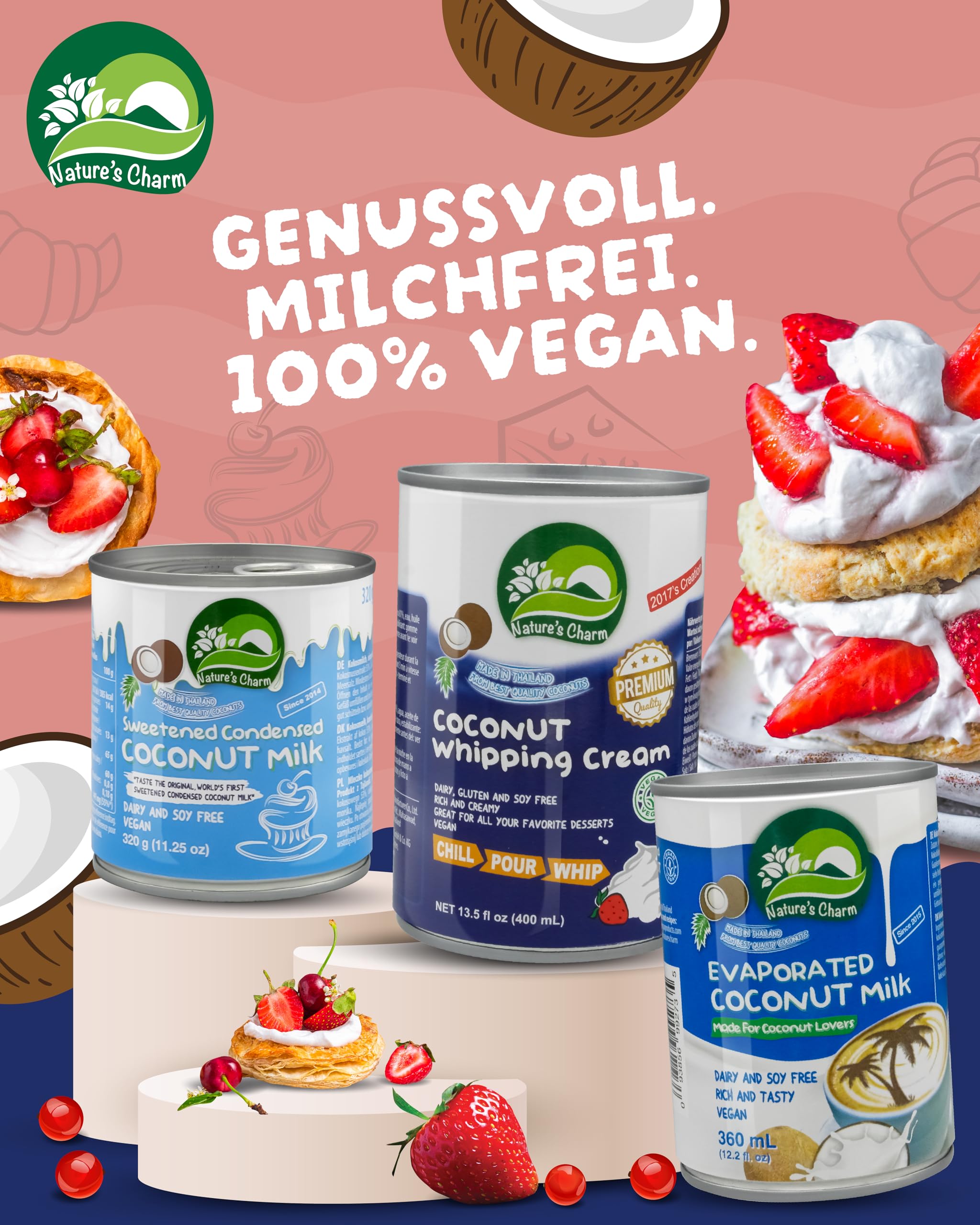 Nature’s Charm Kokosnussmilch zum Aufschlagen I Vegane Kokosmilch I Ideal zum Backen, für cremige Desserts und süße Rezepte I 6 x 400 ml