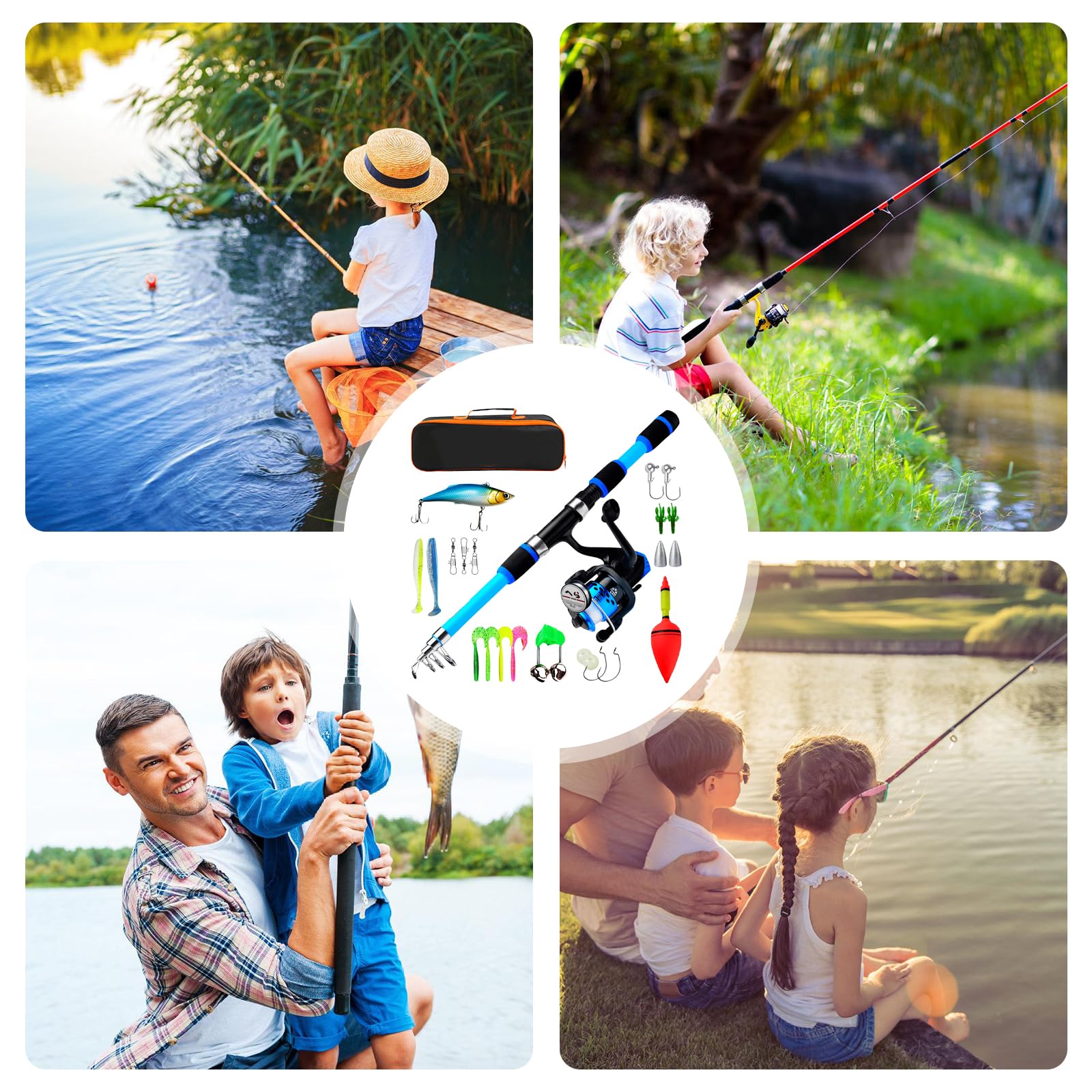 Set da pesca per bambini, 1,8 m, set di canne da pesca per bambini, set starter per bambini, canna da pesca telescopica con mulinello ed esca, accessori da pesca per bambini dai 3 ai 10 anni