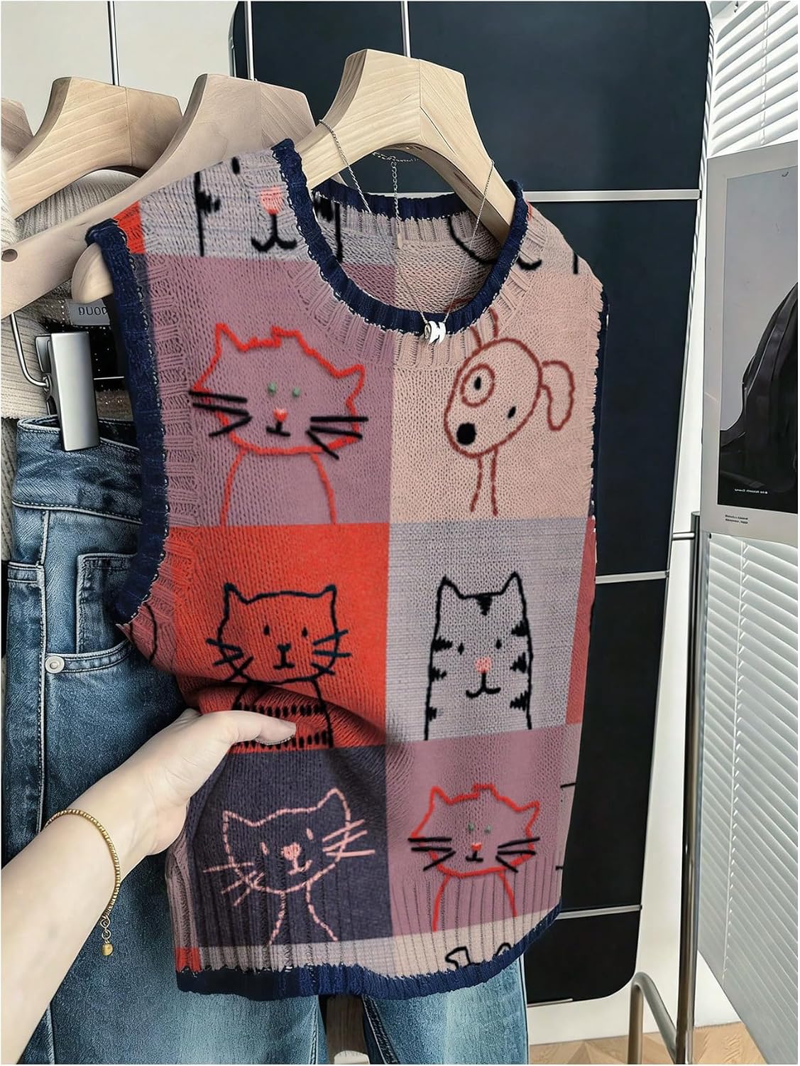 SHENHE Women's Cat Print Sweater Vest Crewneck Sleeveless Cute Patchwork Sweater Pullover