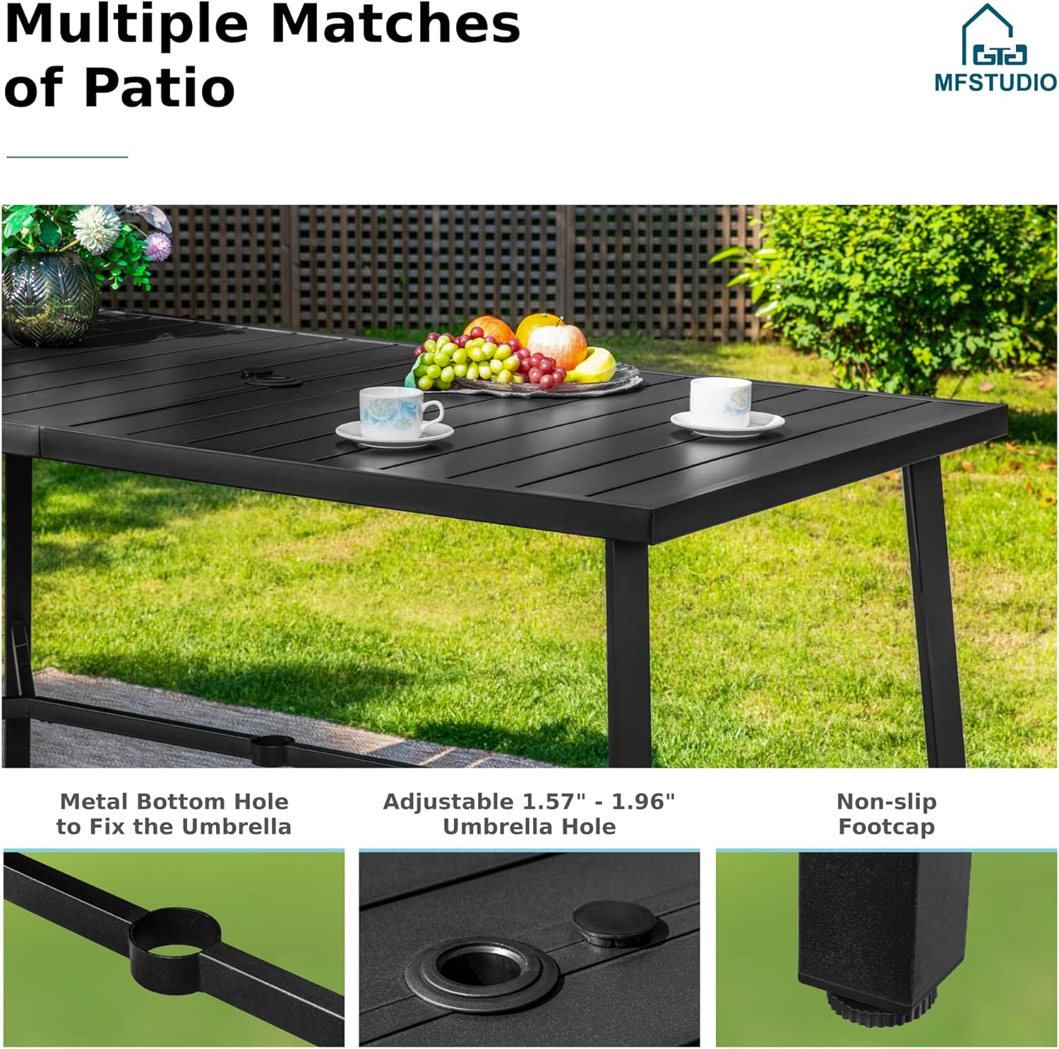 MFSTUDIO Patio Bar Set of 7, Outdoor Bar Height Table and Chairs, 1 x Heavy Duty Metal Slat High Top Bar Table with 6 x Swivel Outdoor Bar Stool, Foam Padded Fabric