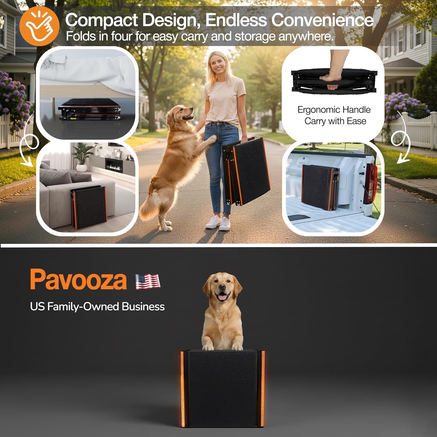 71"×20" Extra Wide Dog Ramp for Car, SUV & Truck – Folding Aluminum Pet Ramps for Large Dogs up to 250 lbs, Non-Slip Surface & Glow Edges, Foldable Portable Ramp for Side Door or Porch Steps