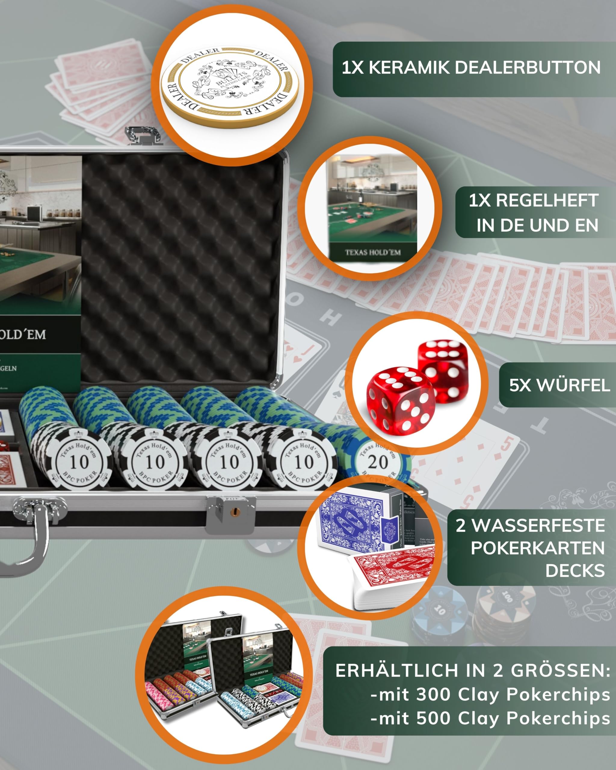 Bullets Playing Cards | Pokerkoffer „Carmela“ mit 500 Clay Pokerchips 14g | Pokerset mit Karten, Würfeln, Dealer Button & Pokerregeln