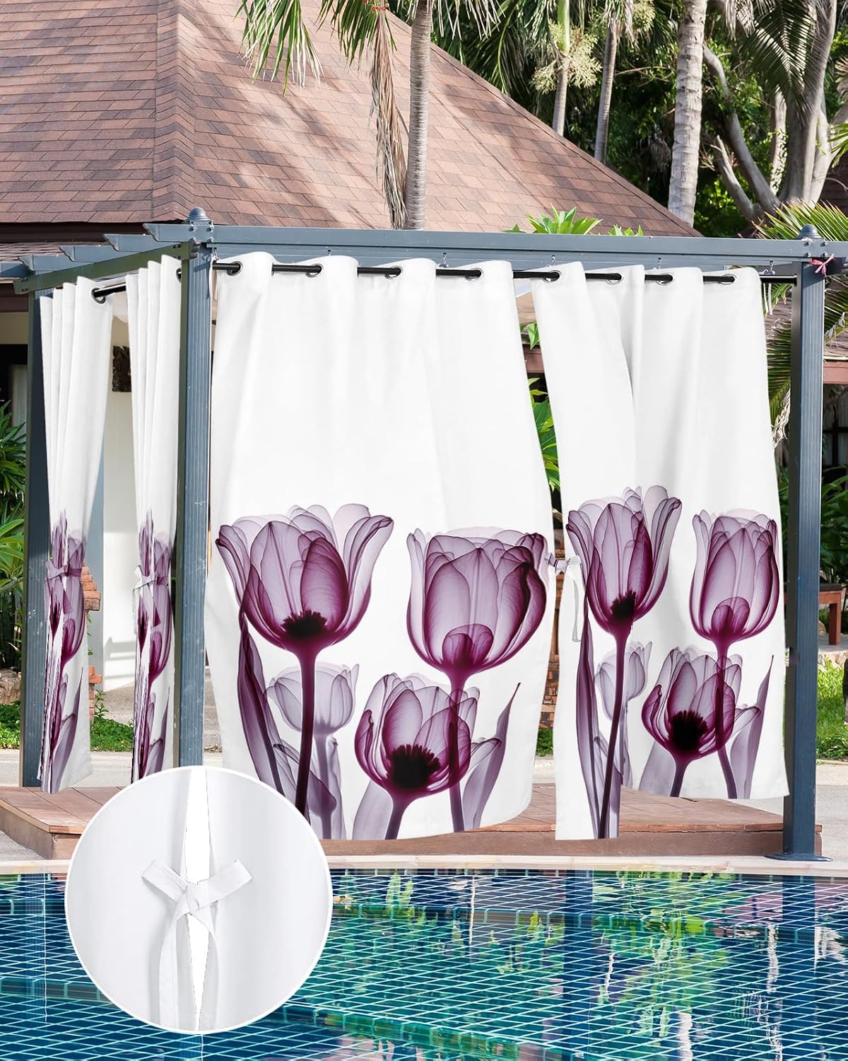 Indoor Outdoor Curtains for Patio Abstract Transparent Purplish Red Flower Tulip Outside Curtains Waterproof Grommet Privacy Drapes Light Filter Curtain for Porch Pergola Gazebo 52" Wx84 L 2 Panels