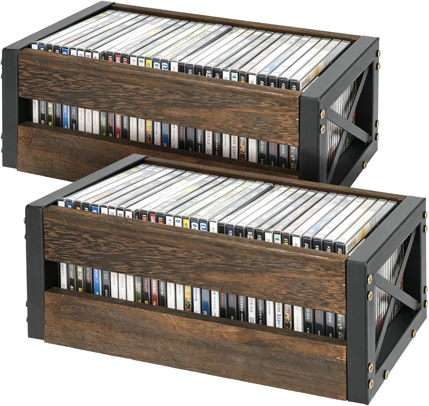 2 Pack Wooden CD Storage Box Holder Shelf Retro Metal Frame CD Storage Rack Farmhouse DVD Storage Cabinet Shelf Display Racks for Movie Cases, DVDs，Desktop Game Disc and Media Collection